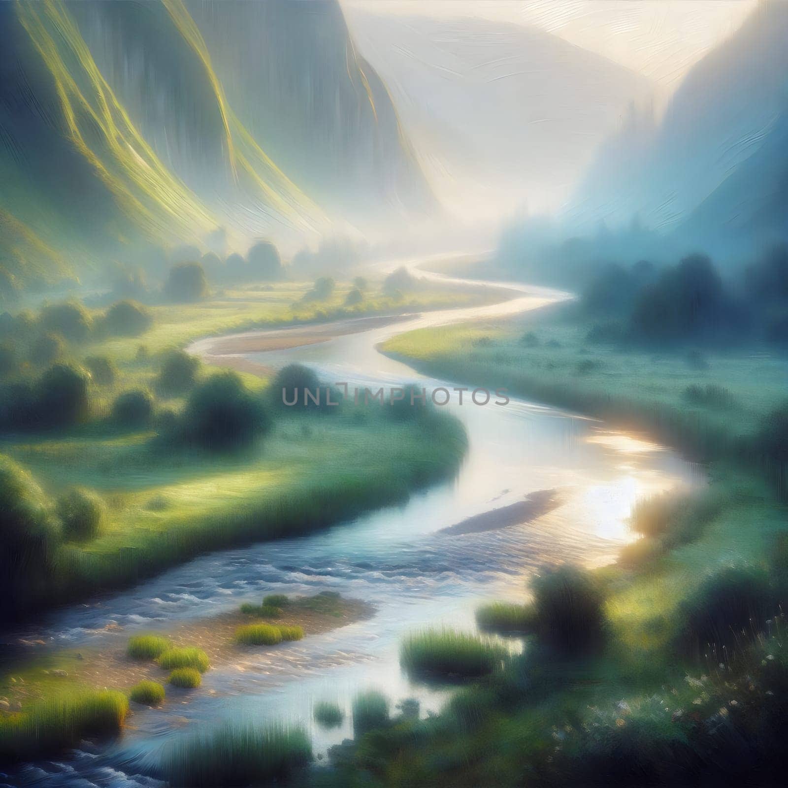 Digital painting of a meandering river flowing through a green valley. High quality AI-generated photo.
