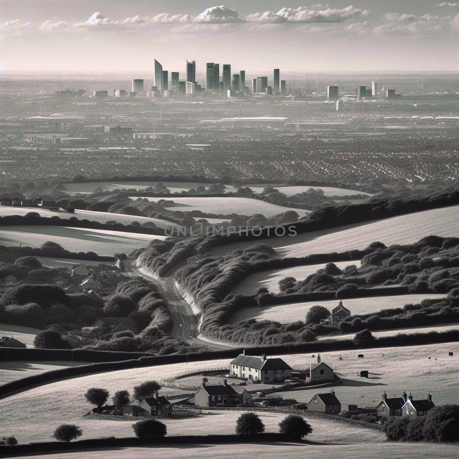 Black and white aerial shot of a rural area with a modern cityscape in the distance. High quality AI-generated photo.