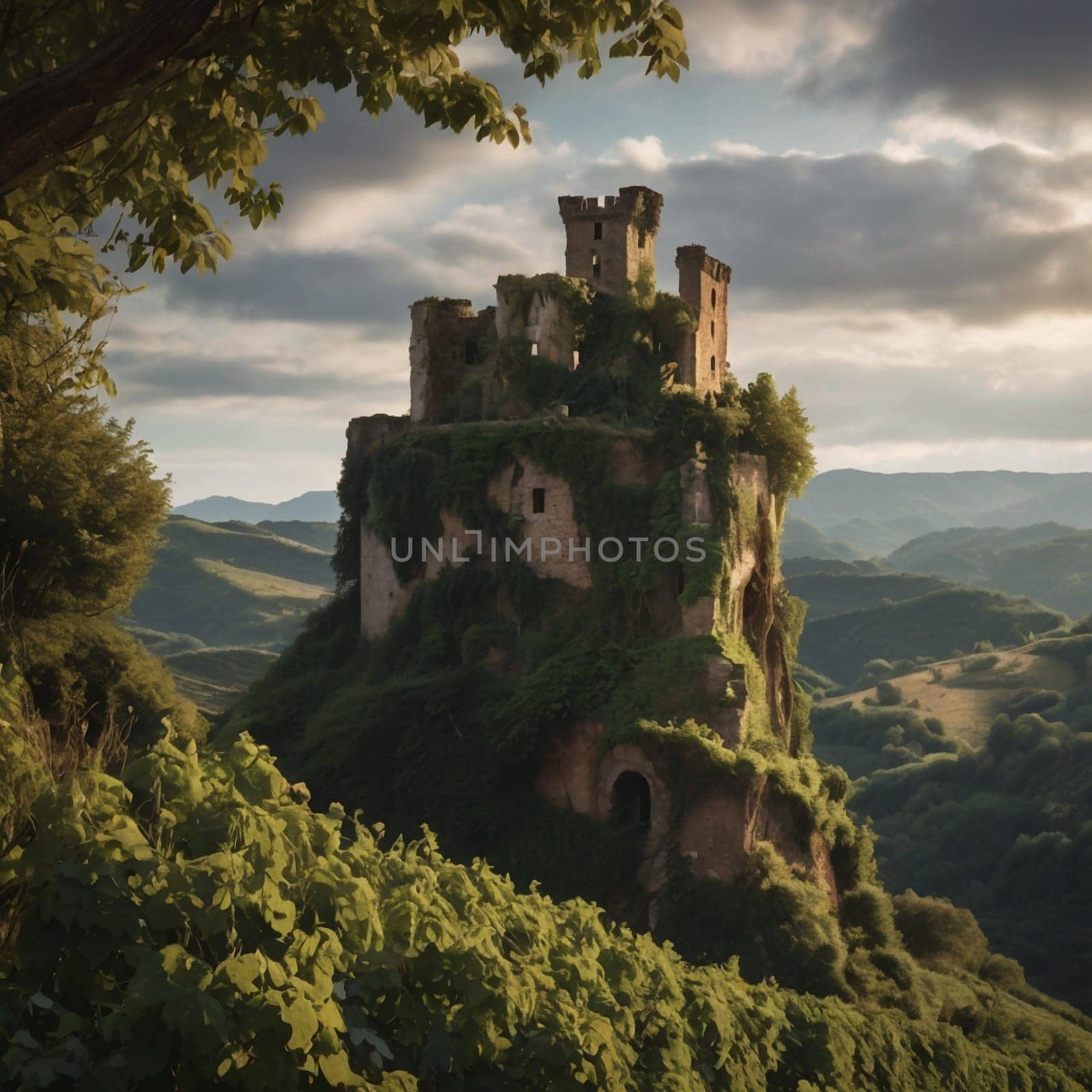 Photograph of an overgrown castle ruin on a hilltop overlooking a valley. High quality AI-generated photo.