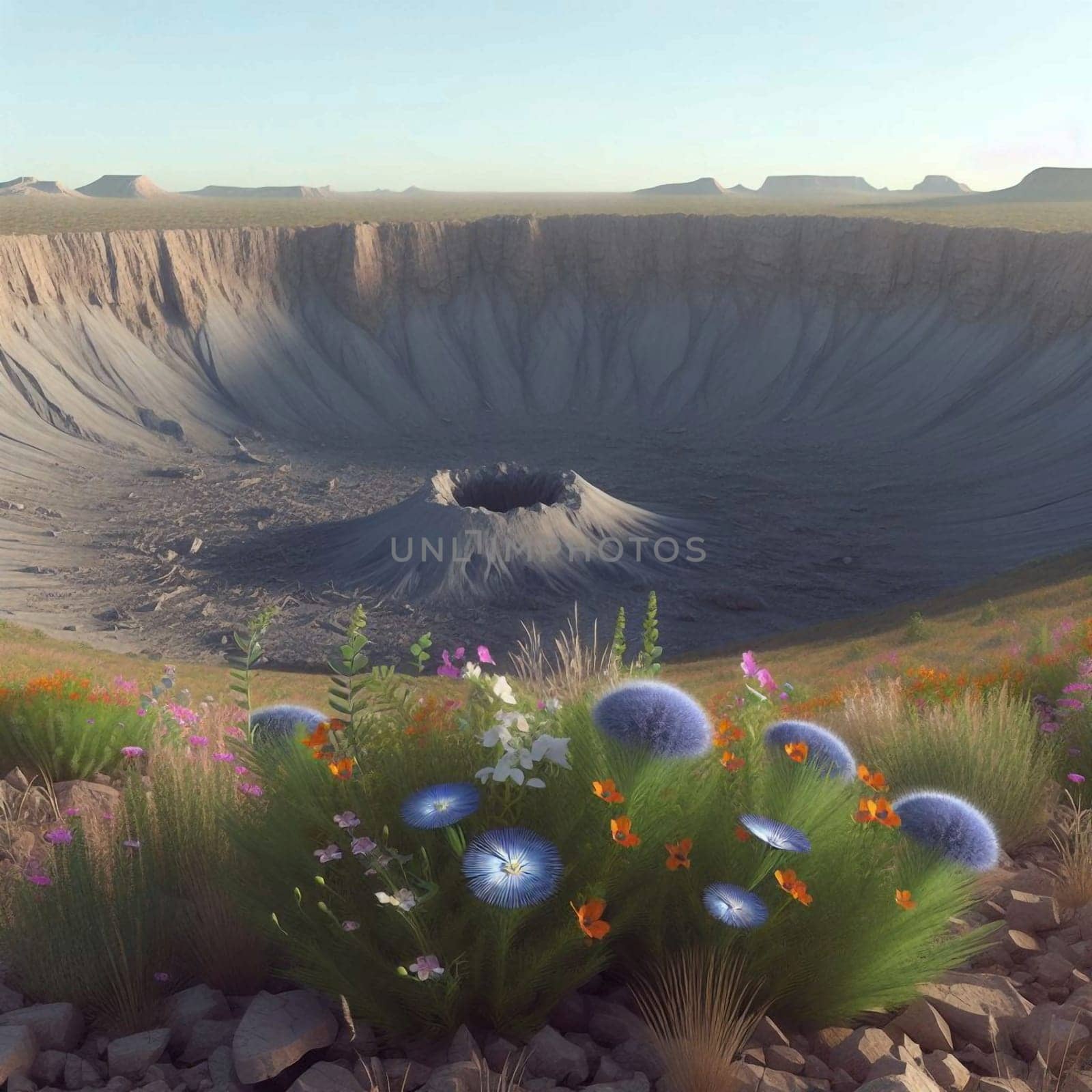 A digital rendering of a large impact crater with diverse wildflowers blooming on the surrounding rim. High quality AI-generated photo.