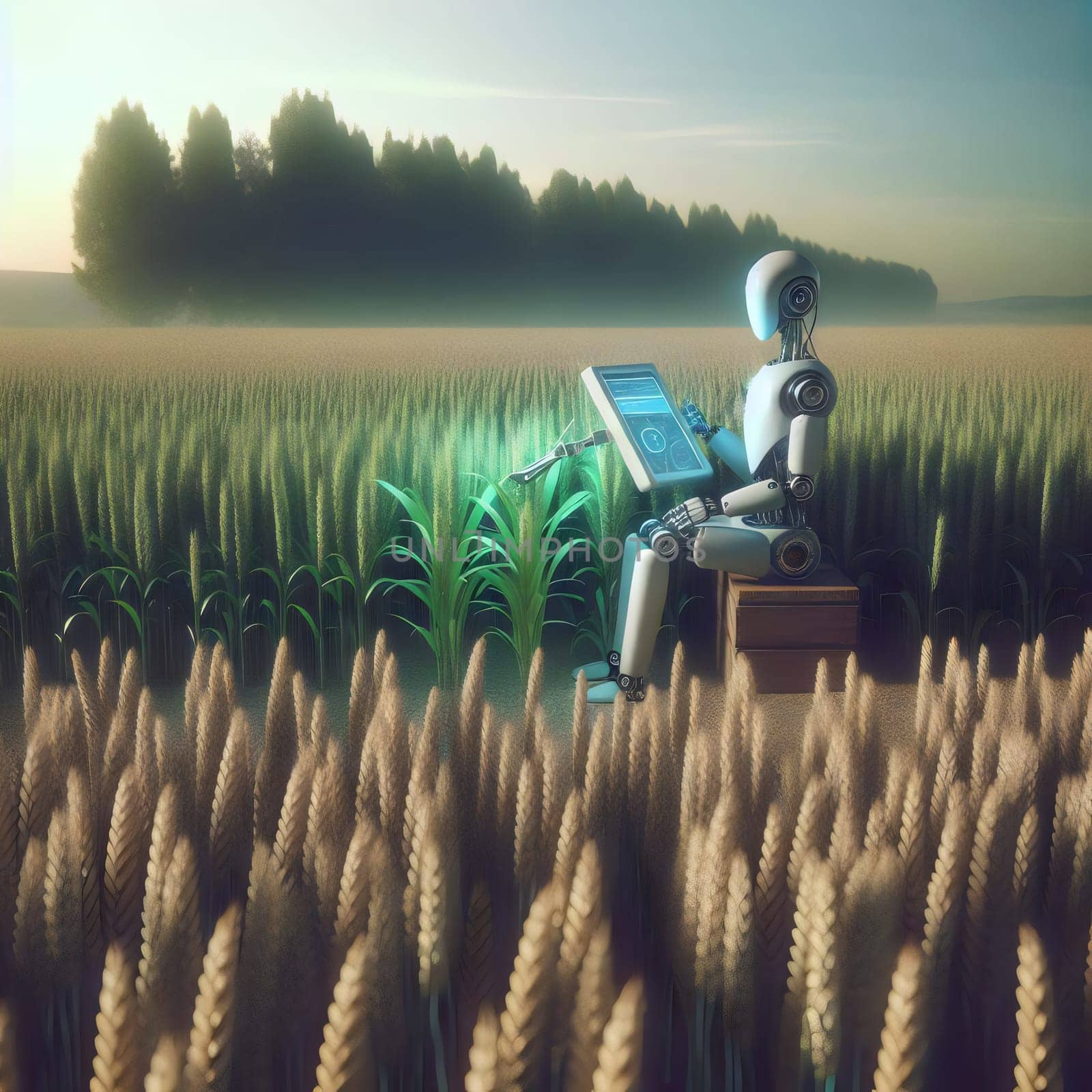 A robot sits in a wheat field, using a tablet to monitor crop growth. High quality AI-generated photo.