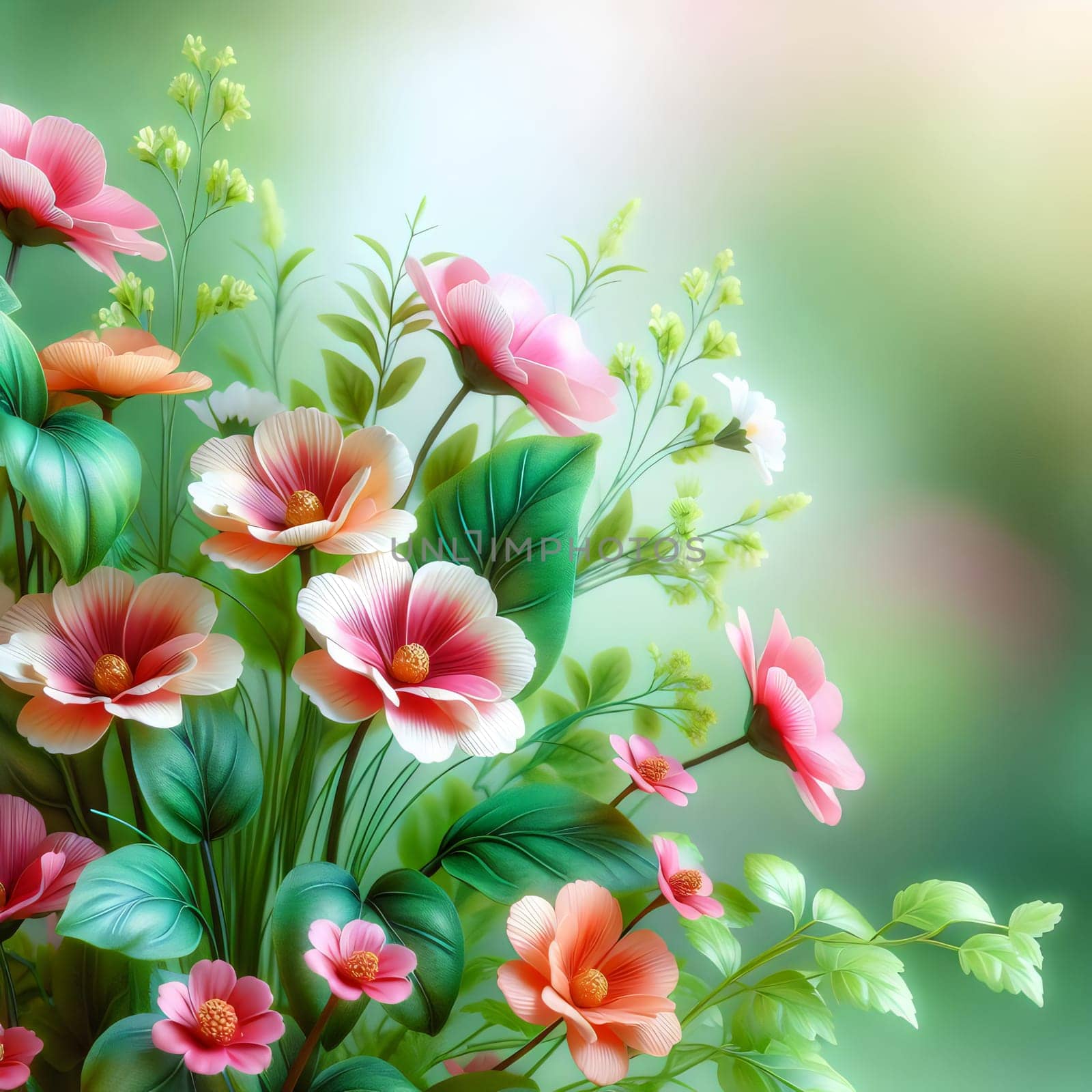Digital painting of a colorful bouquet of flowers. High quality AI-generated photo.