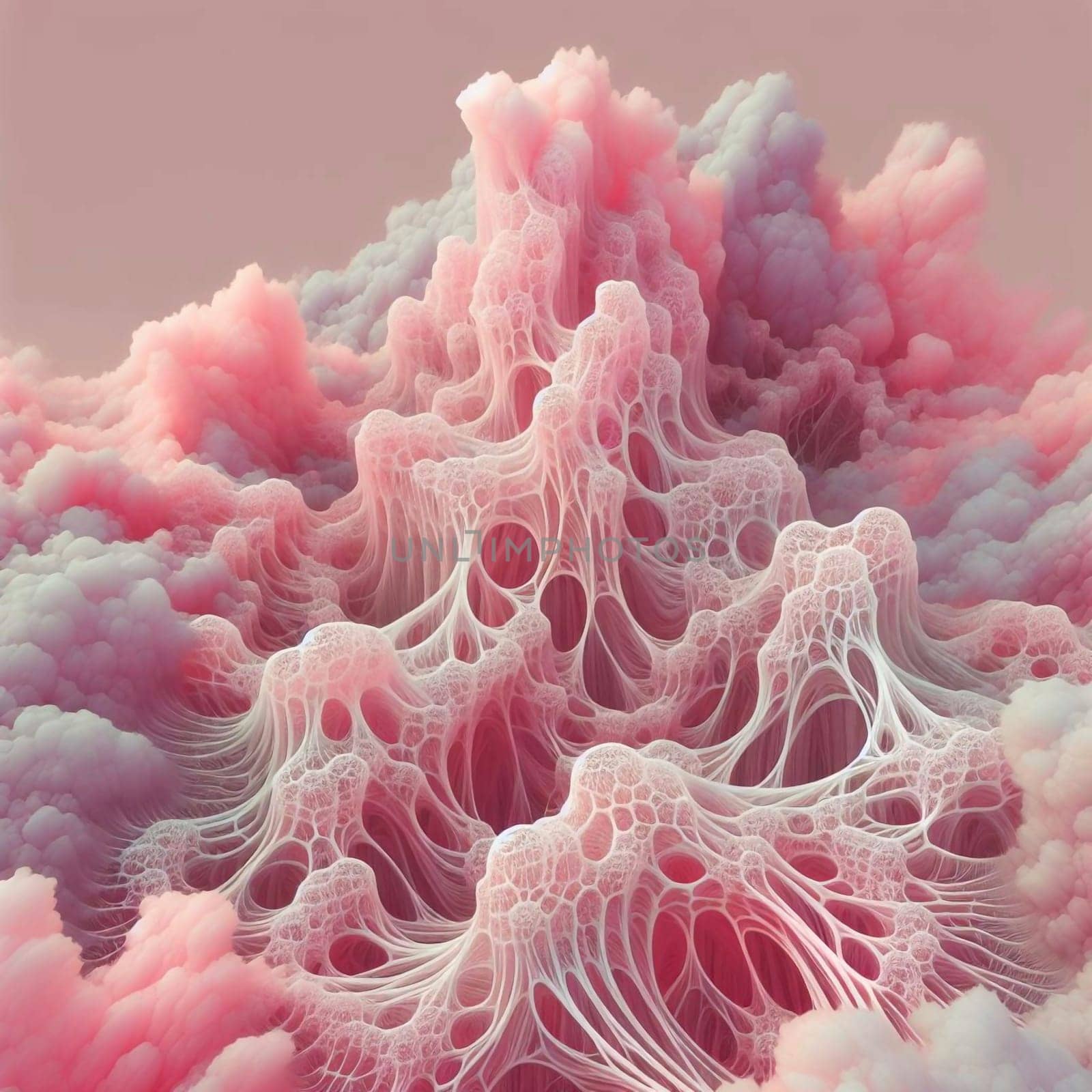 Abstract fractal art showing a pink and white organic structure resembling a mountain range or coral reef. High quality AI-generated photo.