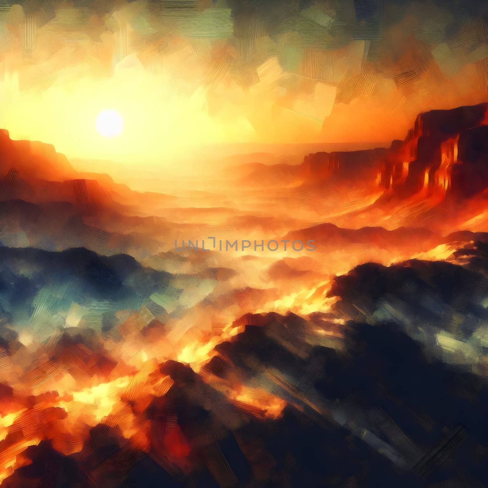 Artistic rendering of a fiery landscape with canyons and a bright sun. High quality AI-generated photo.