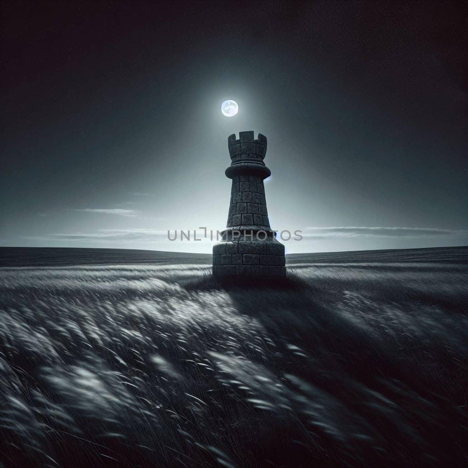 A large stone chess rook stands alone in a field under the moonlight. High quality AI-generated photo.