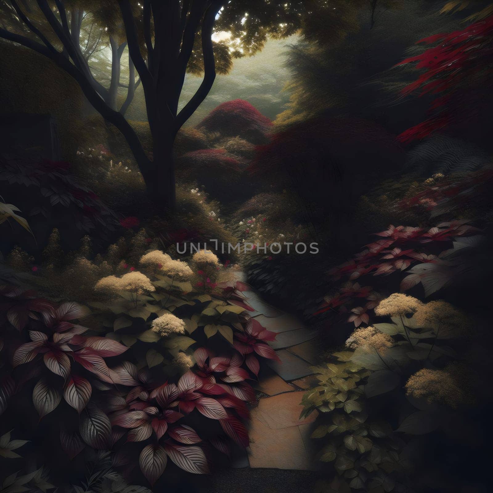 A dark, moody garden path, with dark red and green foliage, and white flowers. High quality AI-generated photo.