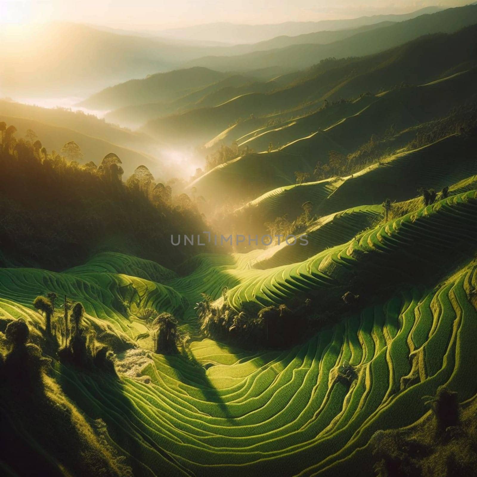 Aerial view of rice terraces carved into lush green hillsides, with sunlight streaming through the mist. High quality AI-generated photo.