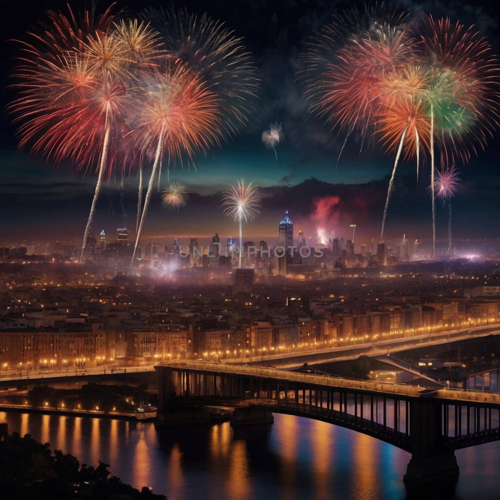 Fireworks display over a cityscape at night, with a bridge and river visible. High quality AI-generated photo.