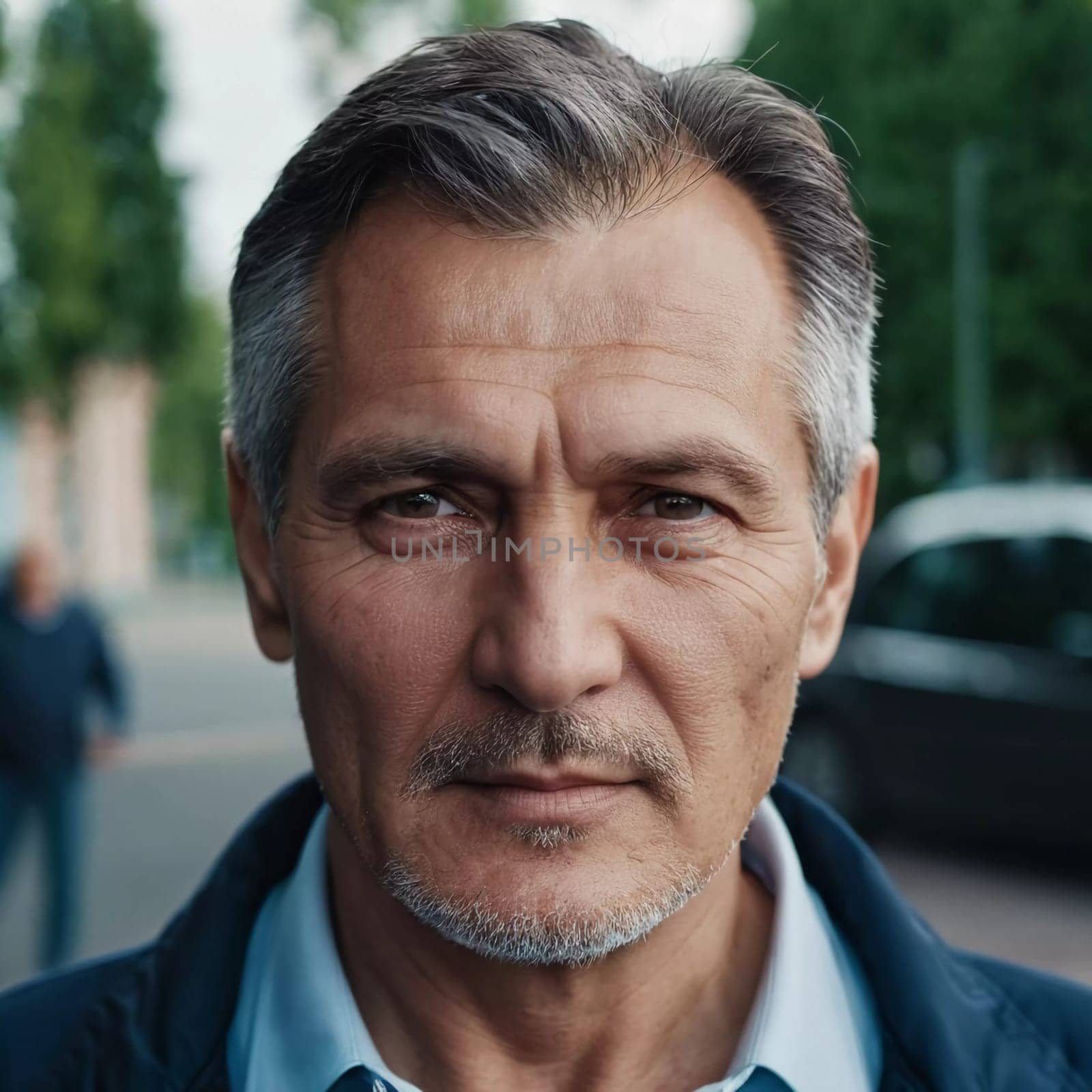 A middle-aged man with gray hair and brown eyes gazes directly at the viewer, showcasing signs of wisdom and experience. A resident of Russia, a strong-willed man 45-50 years old. Generative AI.