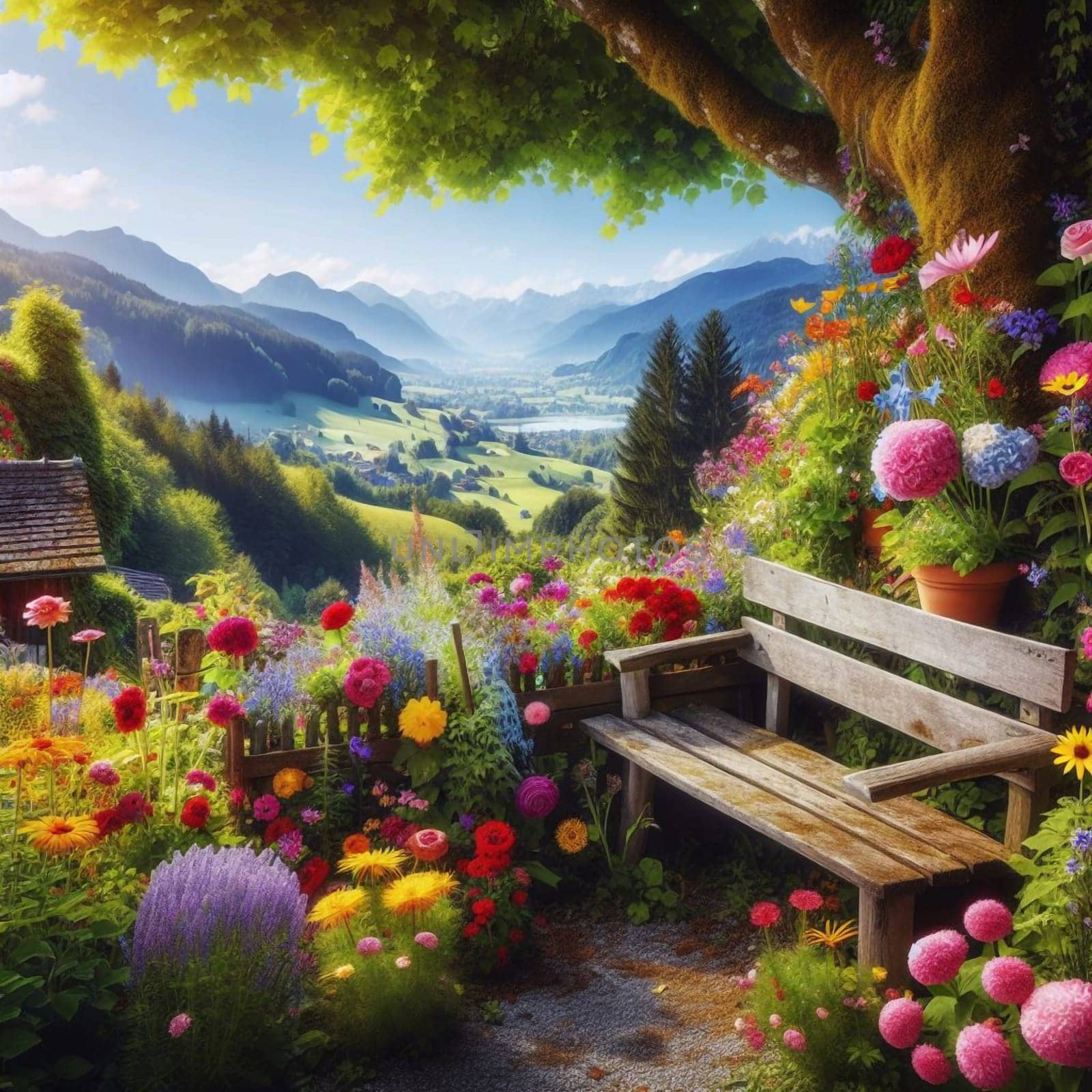 A tranquil garden scene with a wooden bench overlooking a valley and mountains. High quality AI-generated photo.
