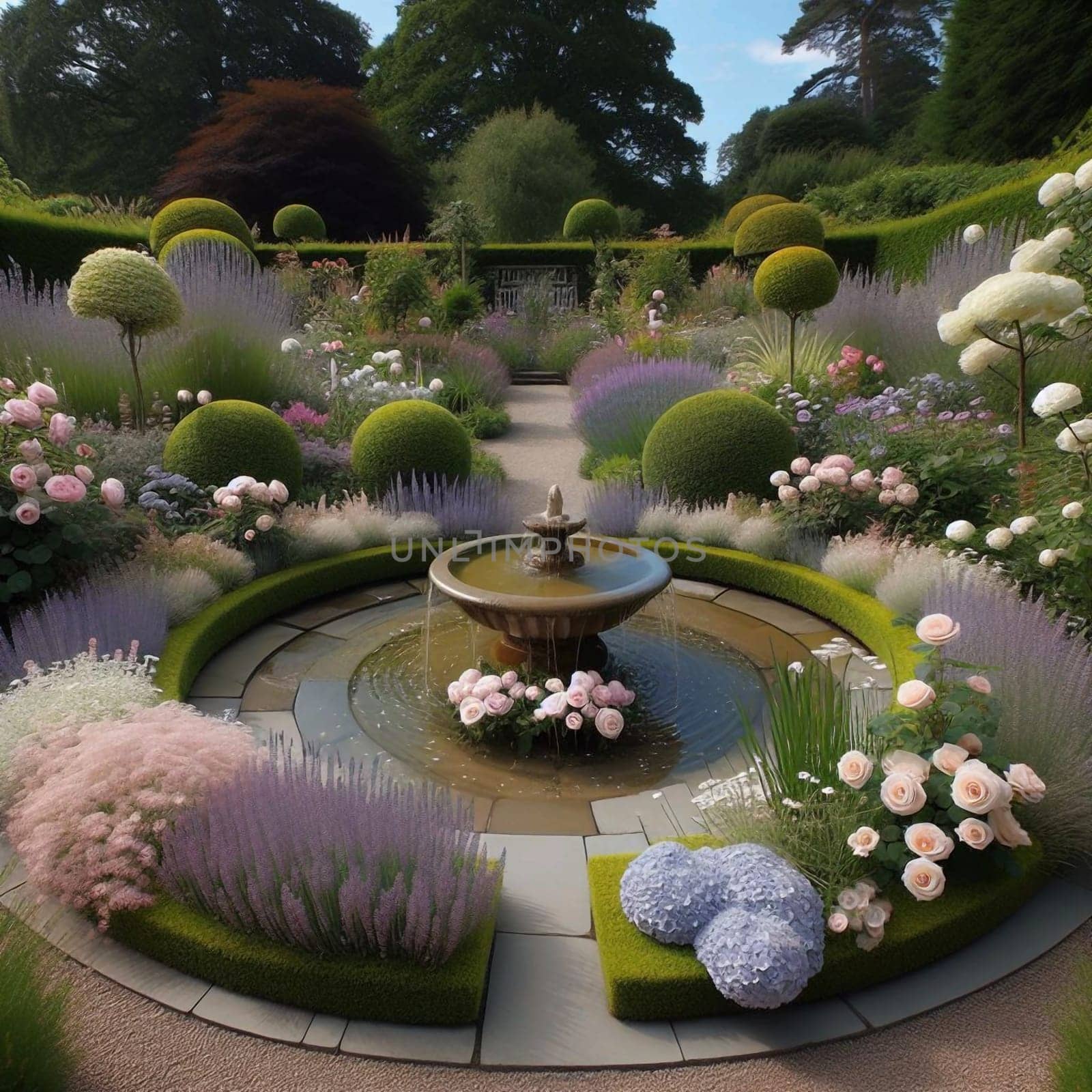 A formal garden with a central fountain and manicured landscaping. High quality AI-generated photo.