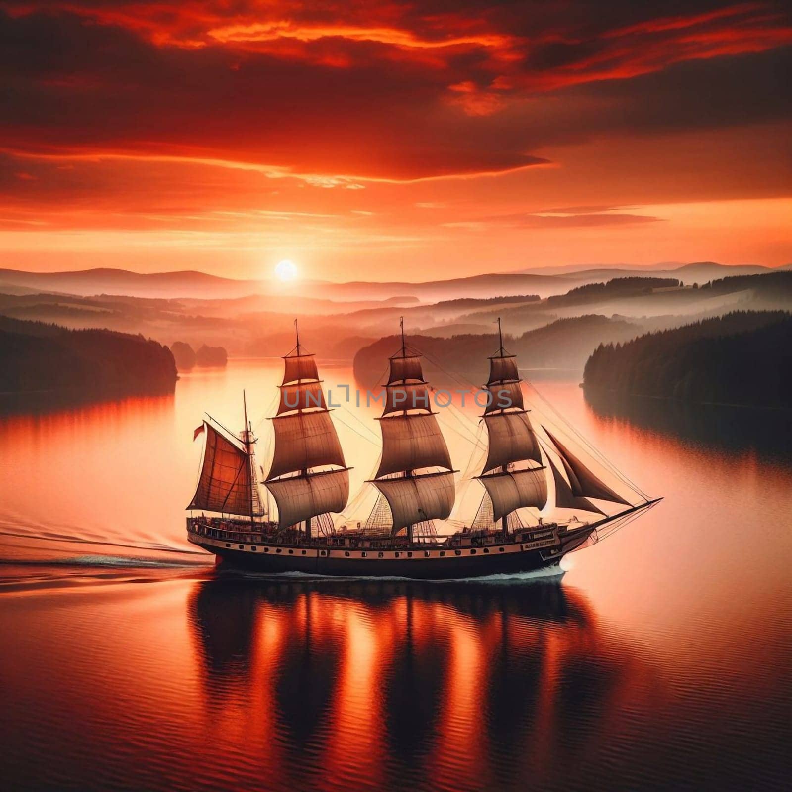 Tall ship sailing on calm water at sunset. High quality AI-generated photo.