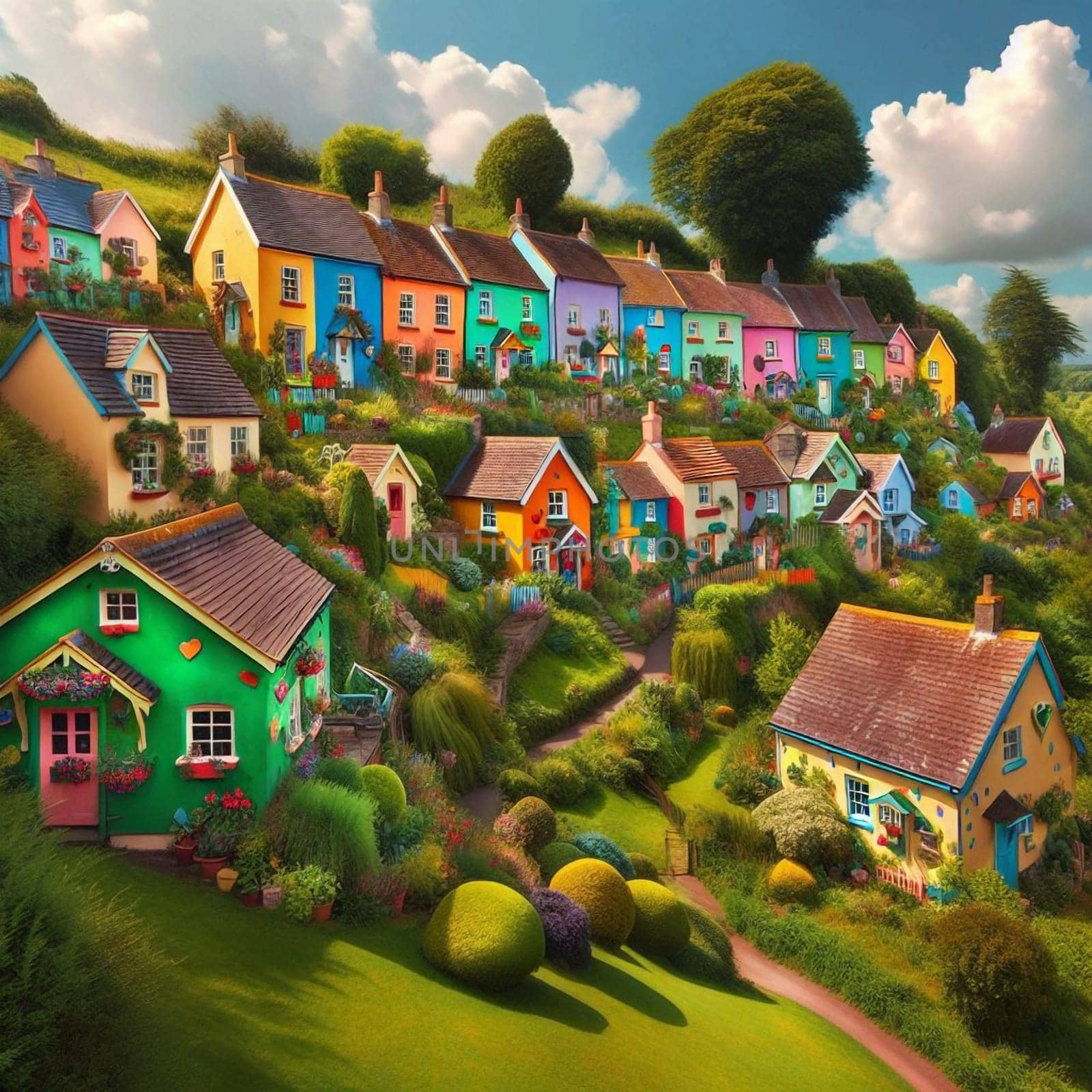 A whimsical illustration of a hillside village with colorful houses and lush gardens. High quality AI-generated photo.