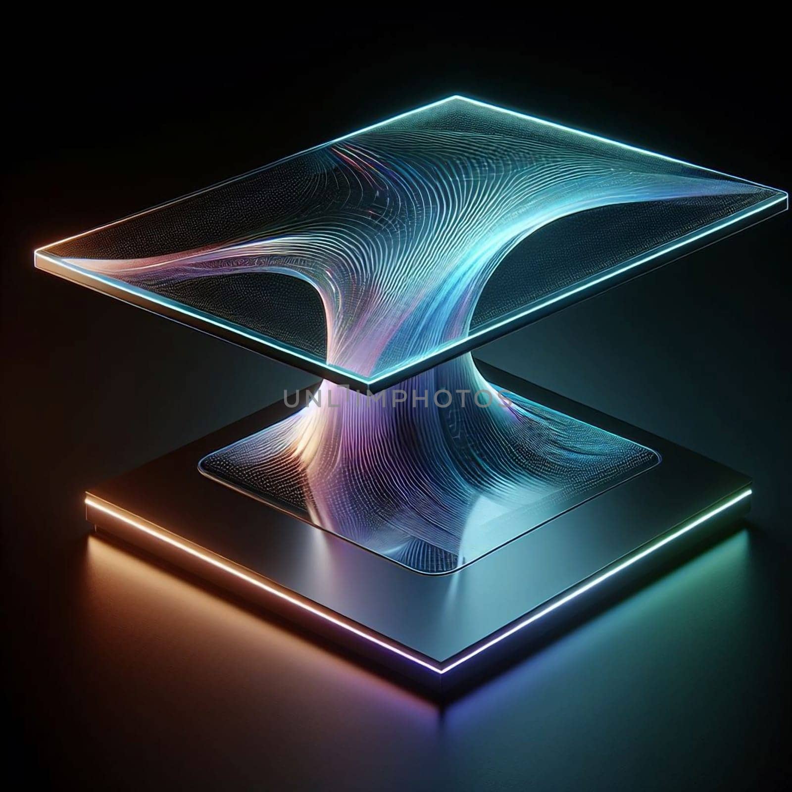An abstract digital rendering of a futuristic table with glowing lines. High quality AI-generated photo.