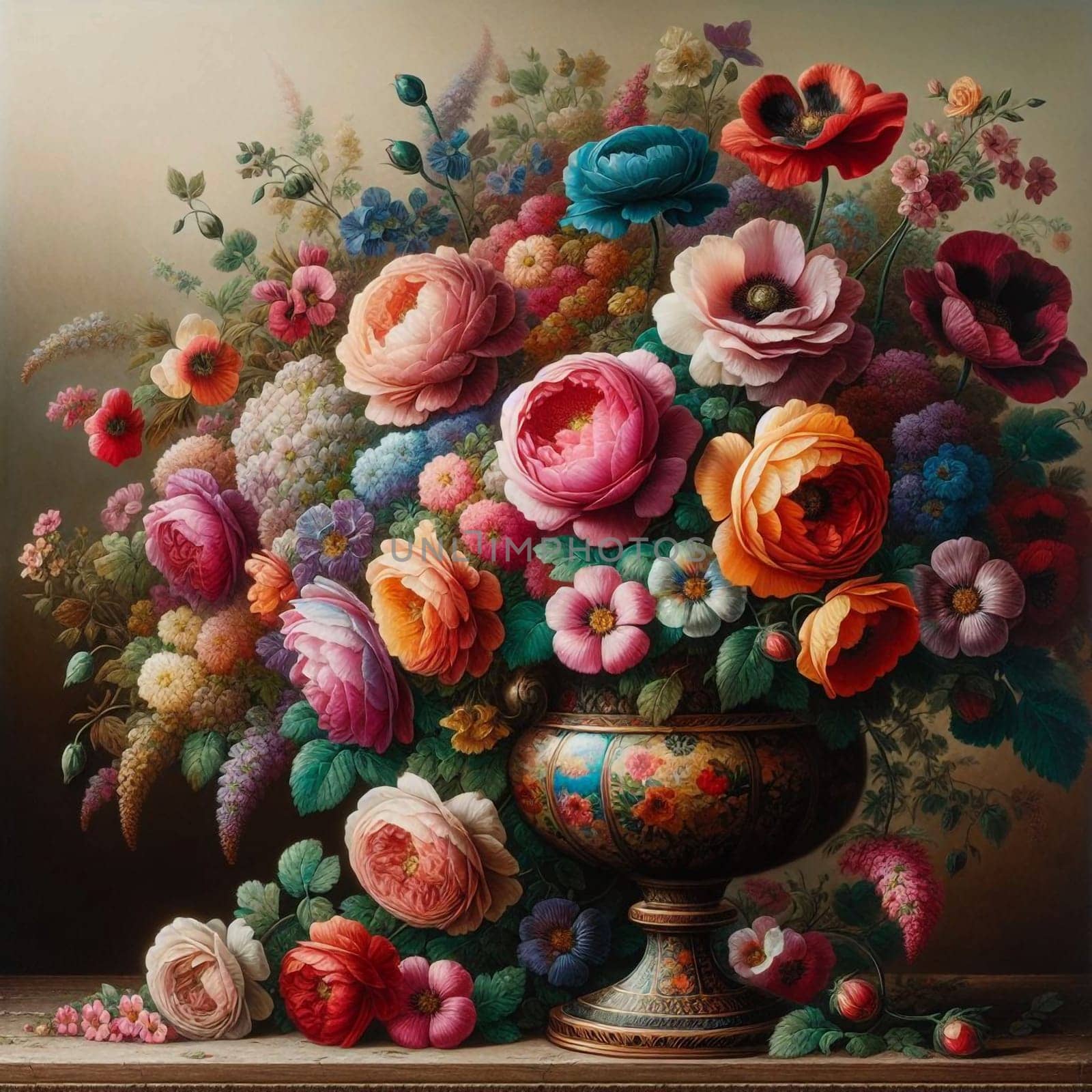 A still life oil painting of a large, ornate vase filled with a lavish arrangement of colorful flowers, including roses, poppies, and other blooms. High quality AI-generated photo.