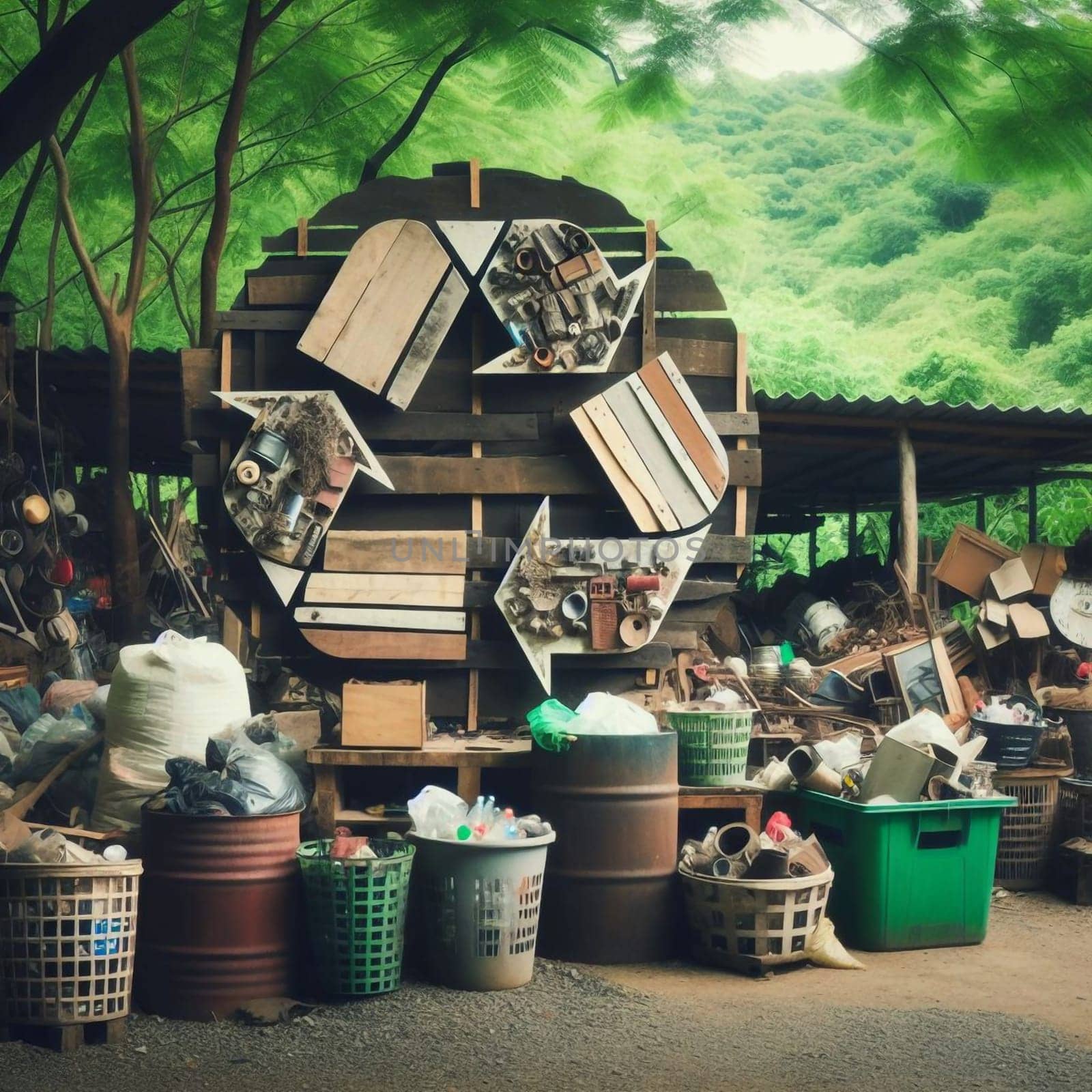A recycling symbol constructed from recycled materials, set against a backdrop of a recycling collection area. High quality AI-generated photo.