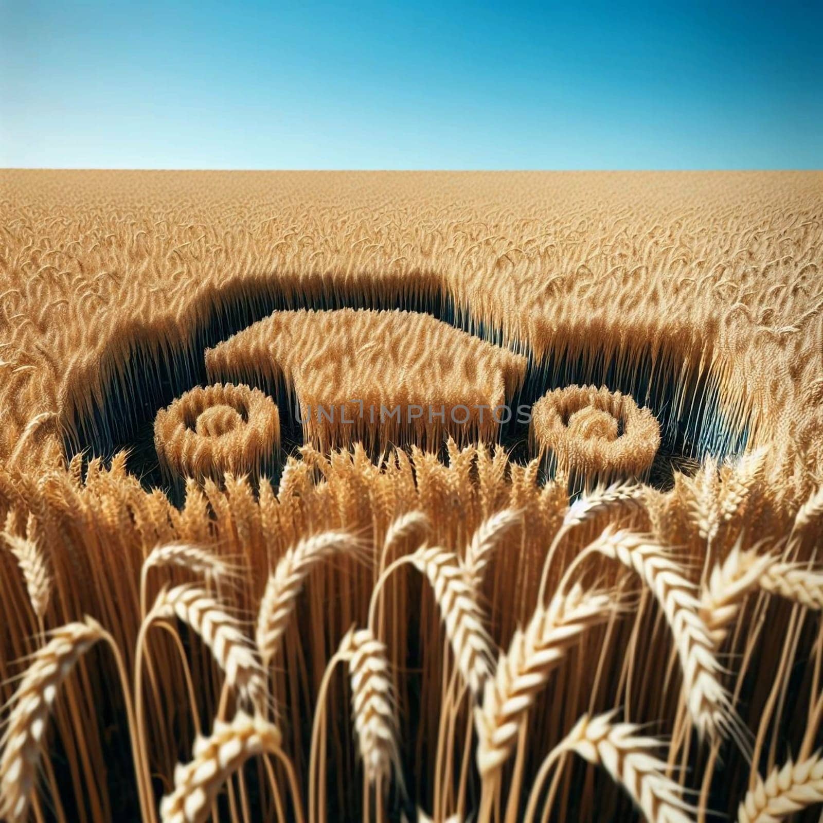 An aerial view of a wheat field with a car shape cut into it, symbolizing sustainable transportation or biofuels. High quality AI-generated photo.