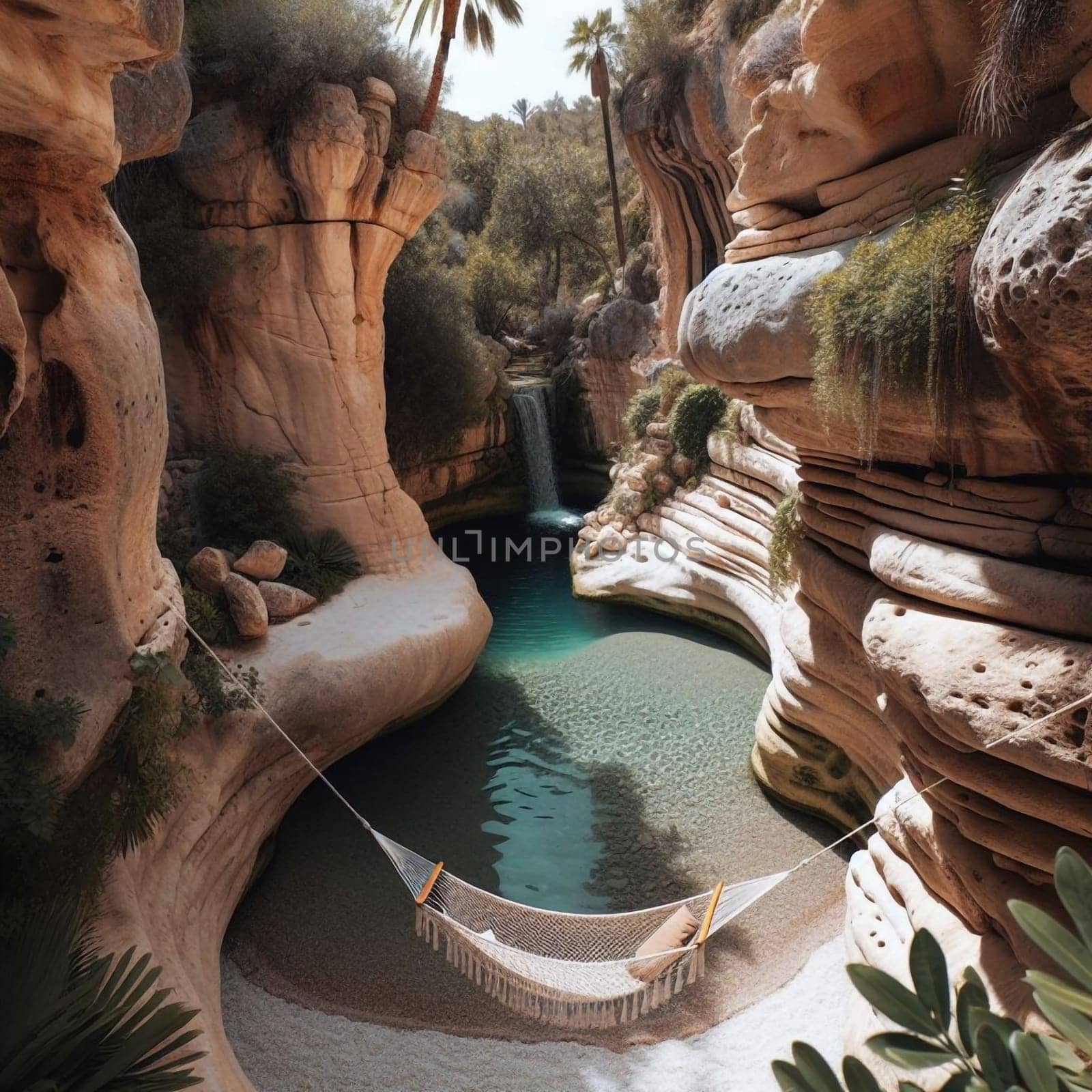 A hammock hangs between two rock formations in a secluded oasis with a waterfall and clear water. High quality AI-generated photo.