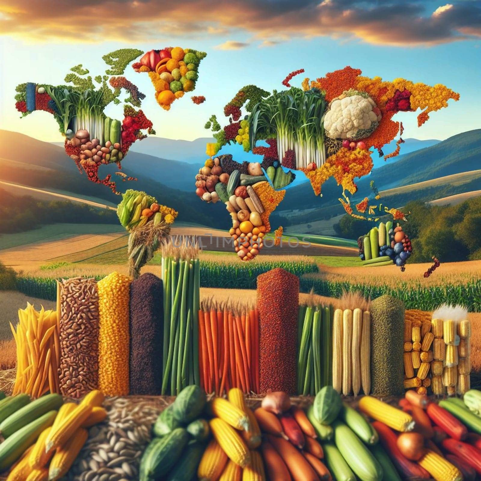 A world map created from various fruits, vegetables, and grains, representing global food production and diversity. High quality AI-generated photo.