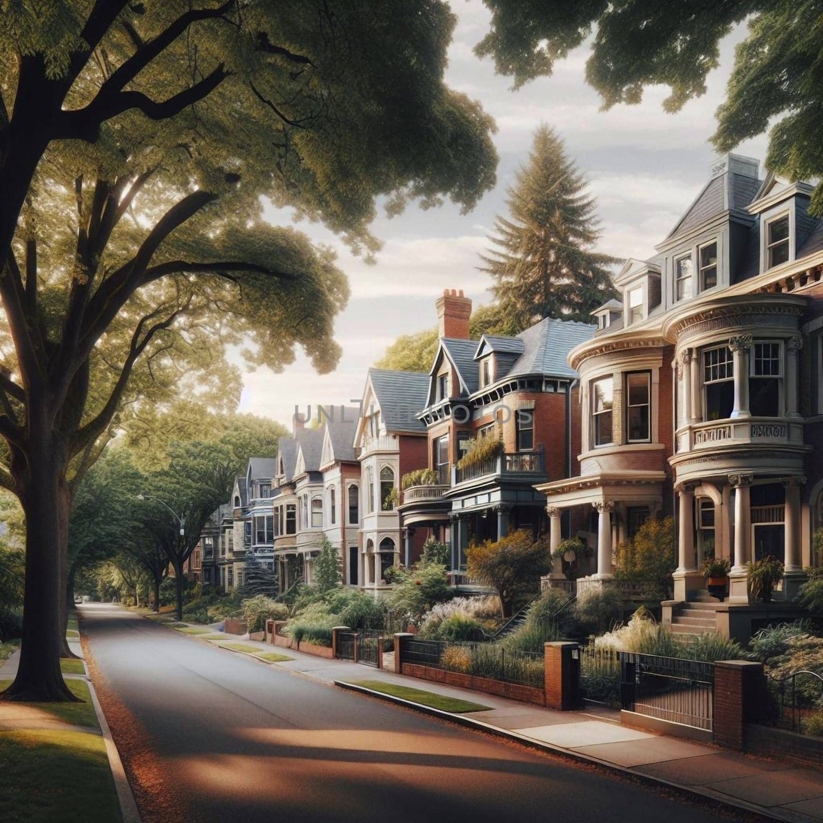 A row of Victorian-style houses on a tree-lined street. High quality AI-generated photo.