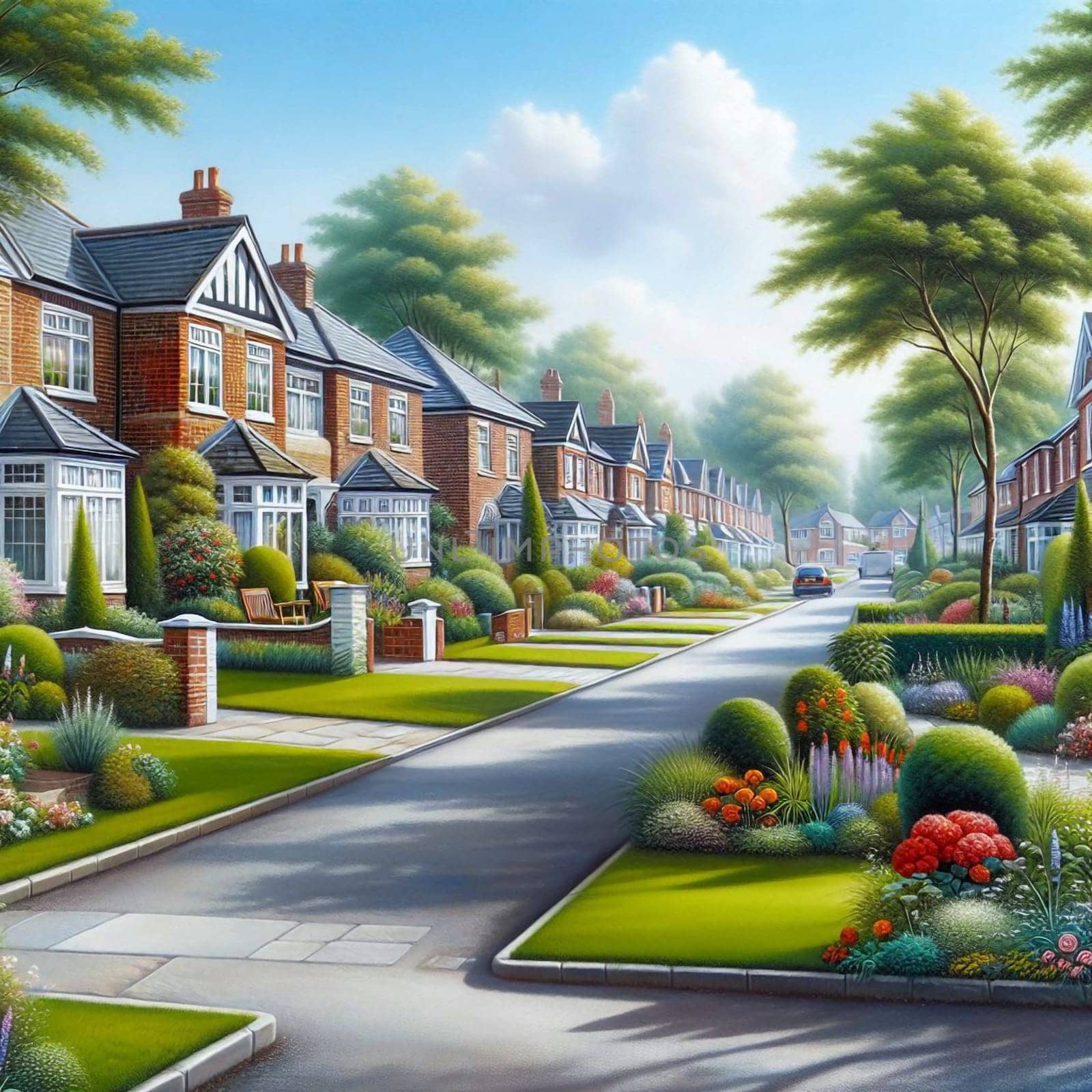 A painting of a residential street lined with brick houses and lush landscaping. High quality AI-generated photo.