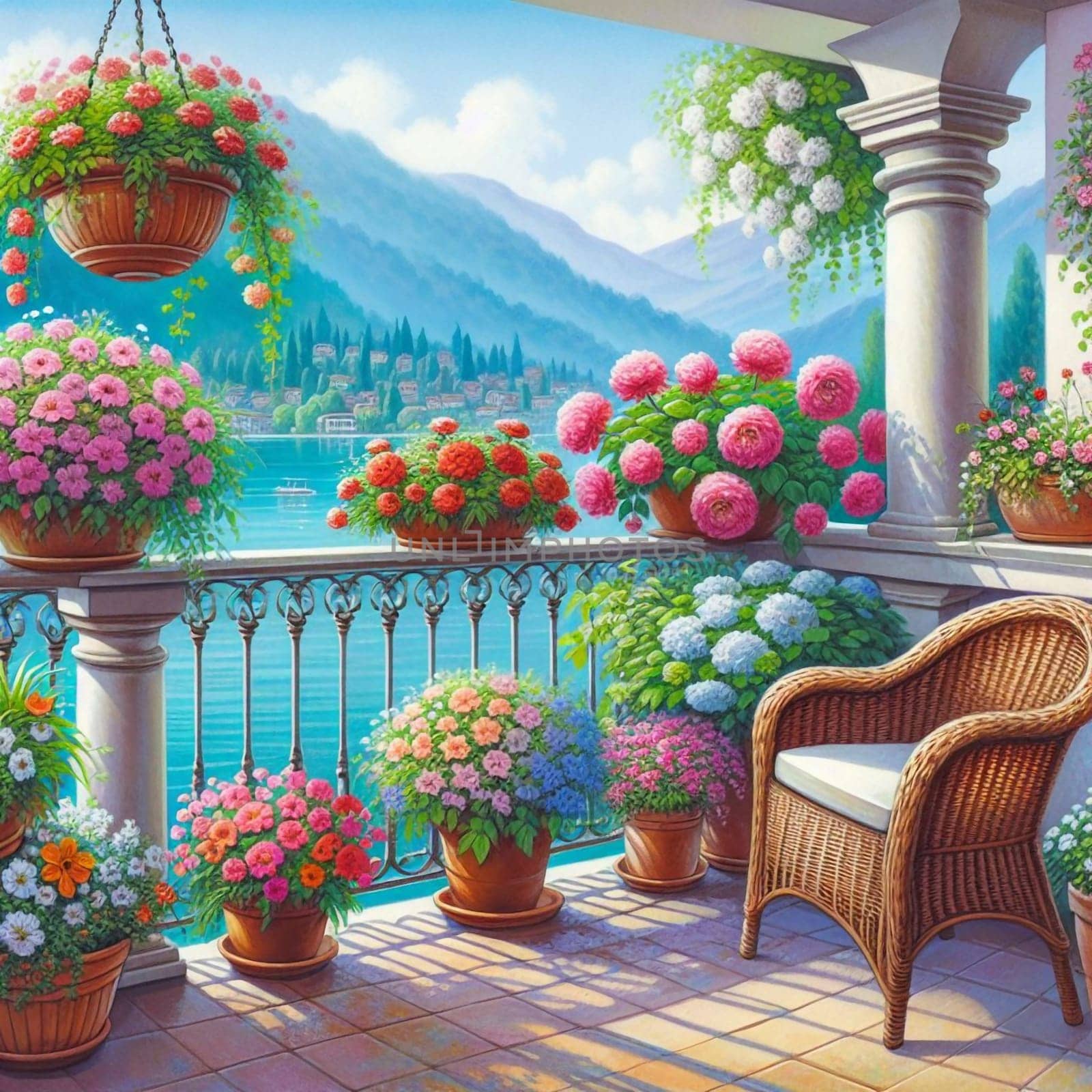 A painting of a balcony overlooking a lake with numerous colorful flower pots. High quality AI-generated photo.