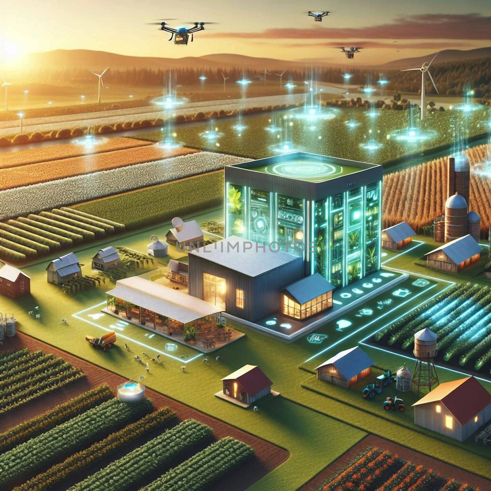 An aerial view of a futuristic farm with technology integrated into the landscape and drones flying overhead. High quality AI-generated photo.