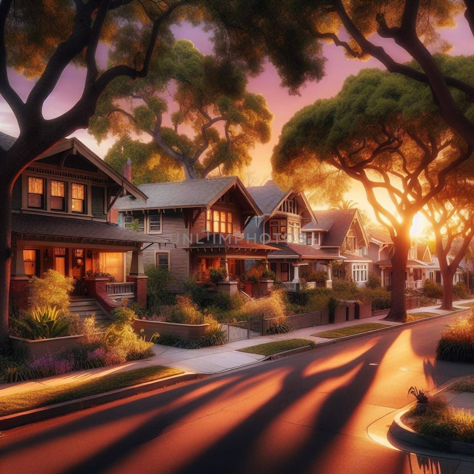 A residential street at sunset, with houses, lush greenery, and long shadows creating a warm and inviting atmosphere. High quality AI-generated photo.