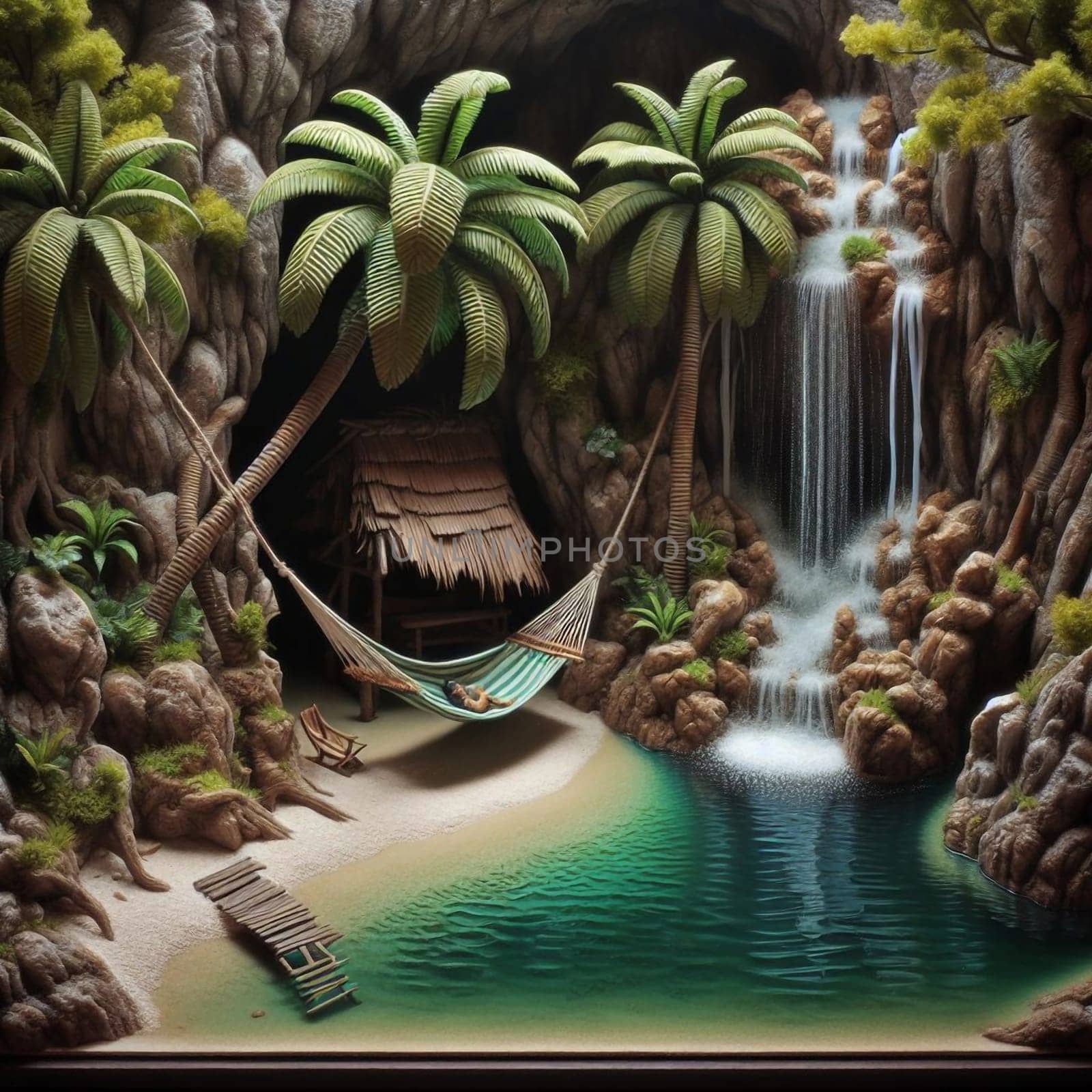A miniature diorama depicting a tropical beach scene with a person relaxing in a hammock near a waterfall. High quality AI-generated photo.