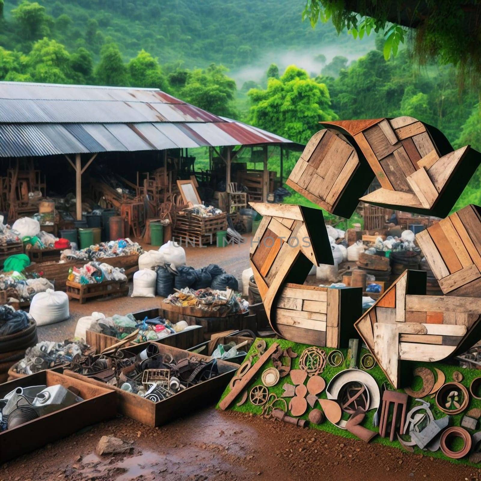 A recycling symbol made of reclaimed wood and metal parts, positioned at a recycling facility. High quality AI-generated photo.