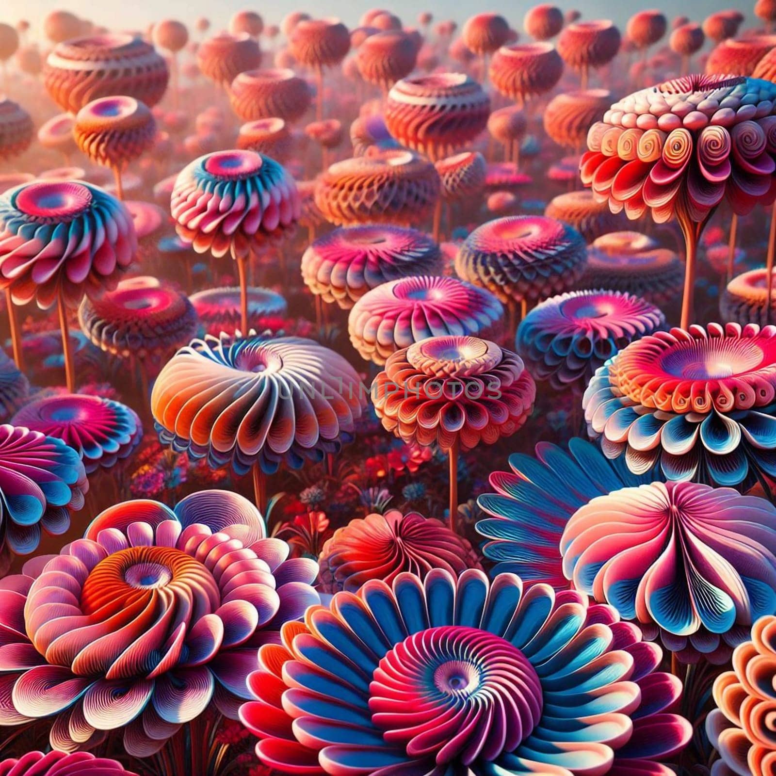 An illustration of a field of colorful, stylized flowers. High quality AI-generated photo.