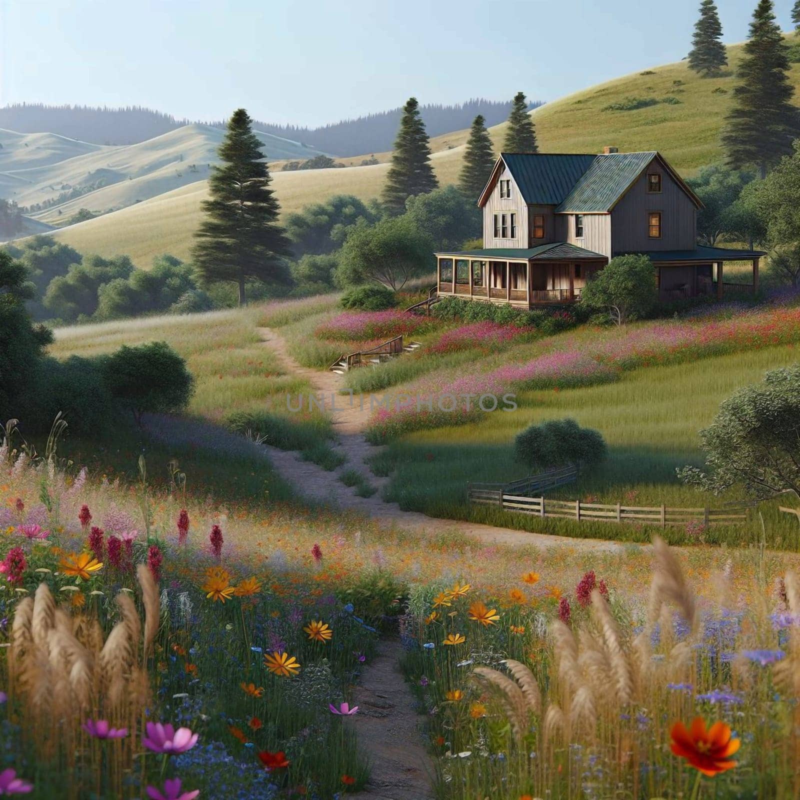 A farmhouse surrounded by a field of wildflowers, located on a hillside with a view of rolling hills and mountains. High quality AI-generated photo.