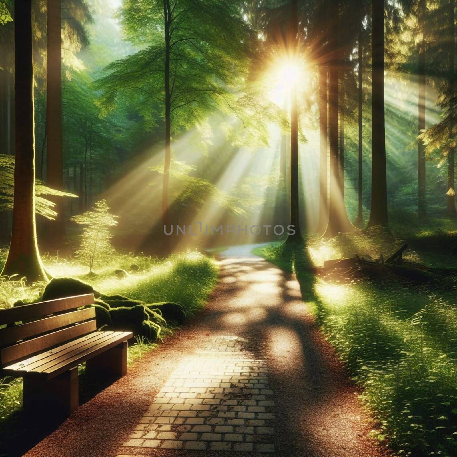 A sunlit path through a forest with tall trees and green grass. a wooden bench sits to the side. High quality AI-generated photo.
