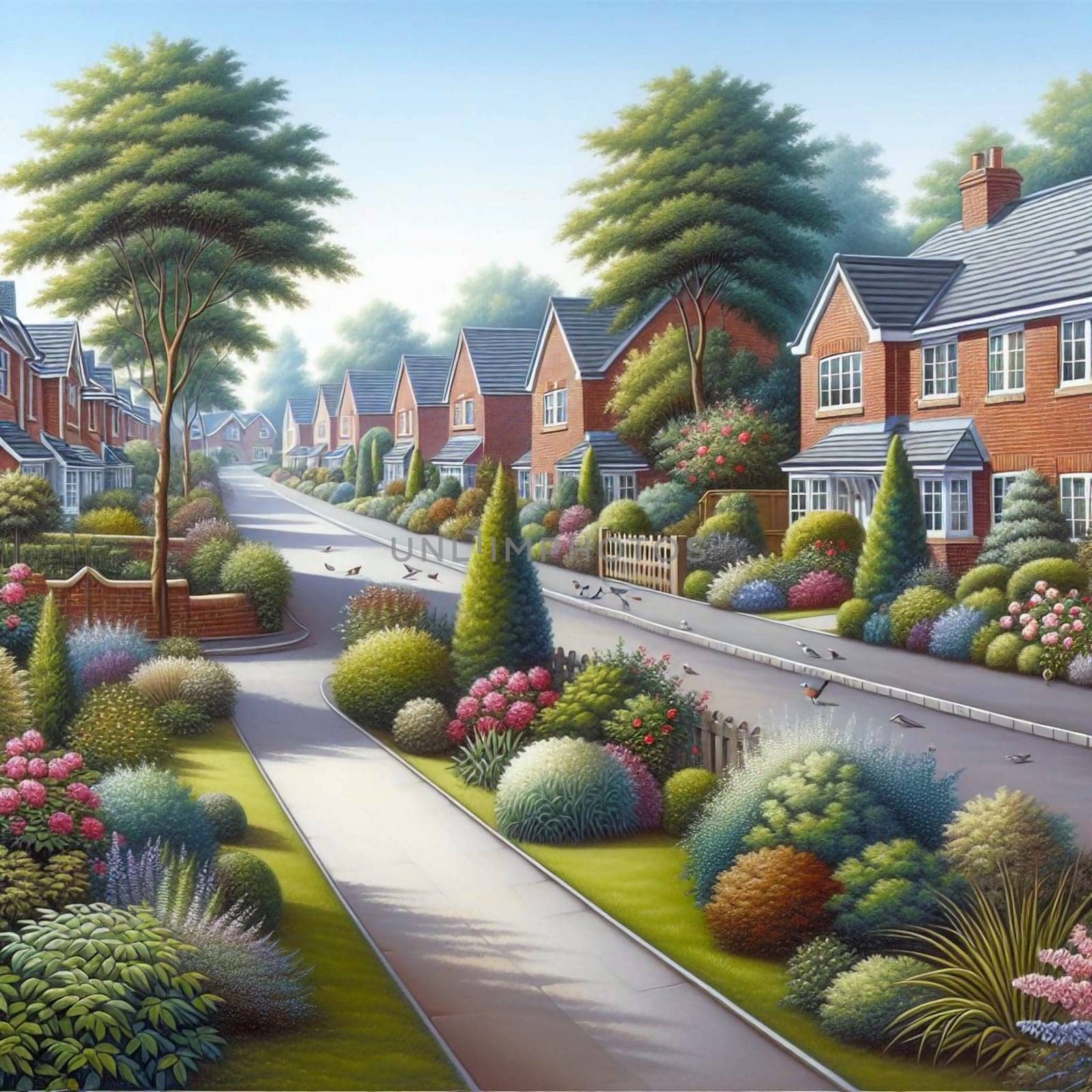 A painting of a residential street with well-maintained gardens and houses. High quality AI-generated photo.