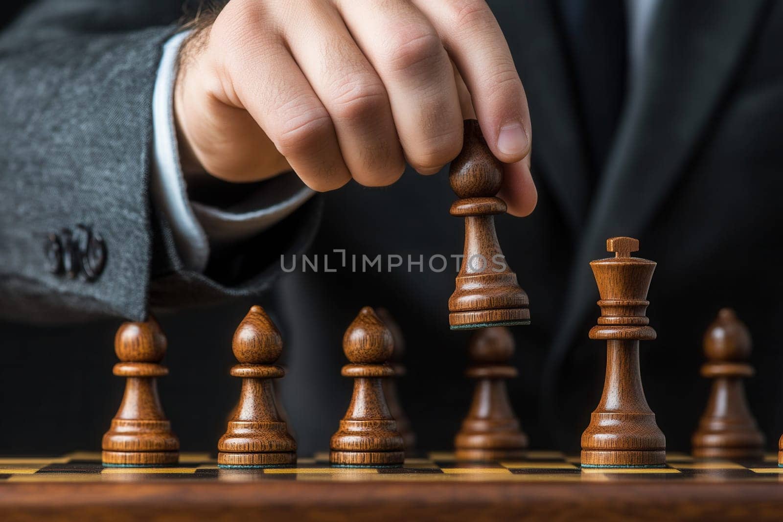 Hand moving pawn on chessboard, showing strategy and decision making in business