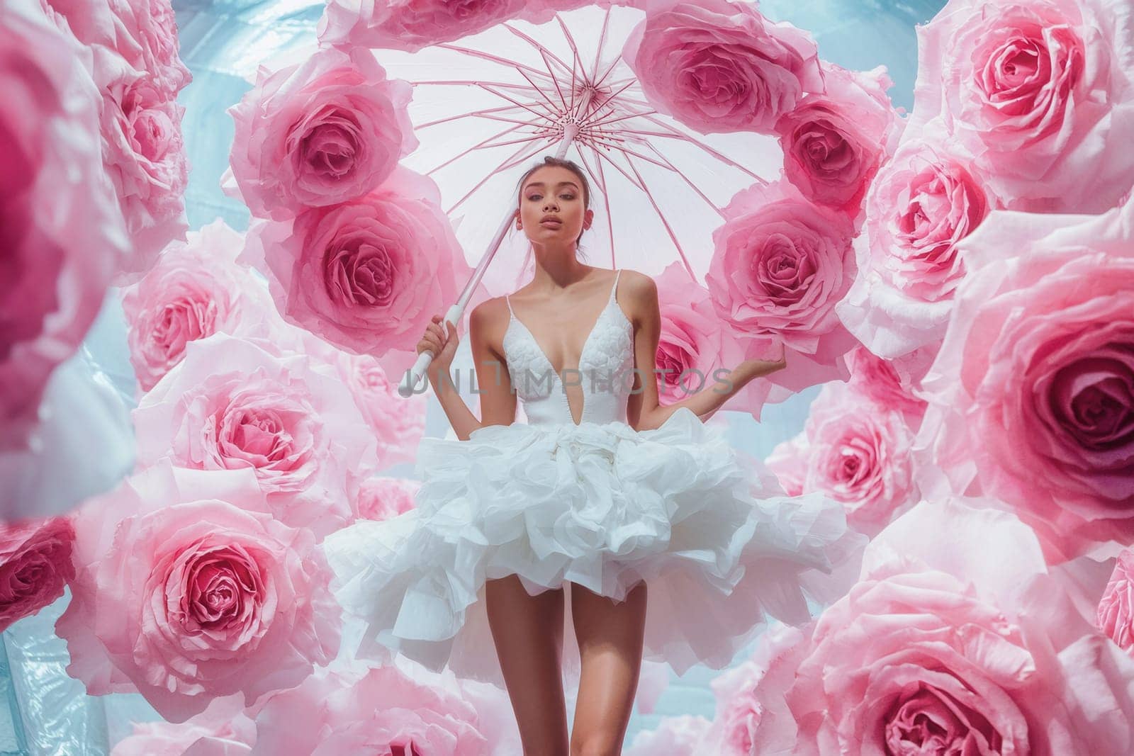 Stylish model in white dress holding parasol surrounded by oversized pink roses, creating a dreamy, romantic atmosphere