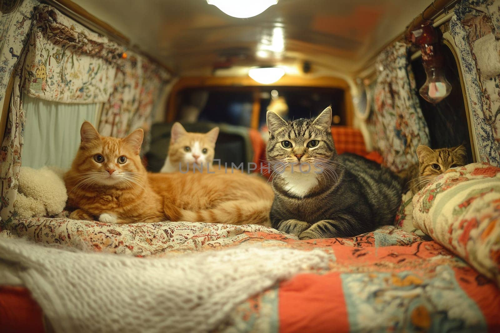 Four cats are lying on a bed inside a camper van, enjoying a cozy evening
