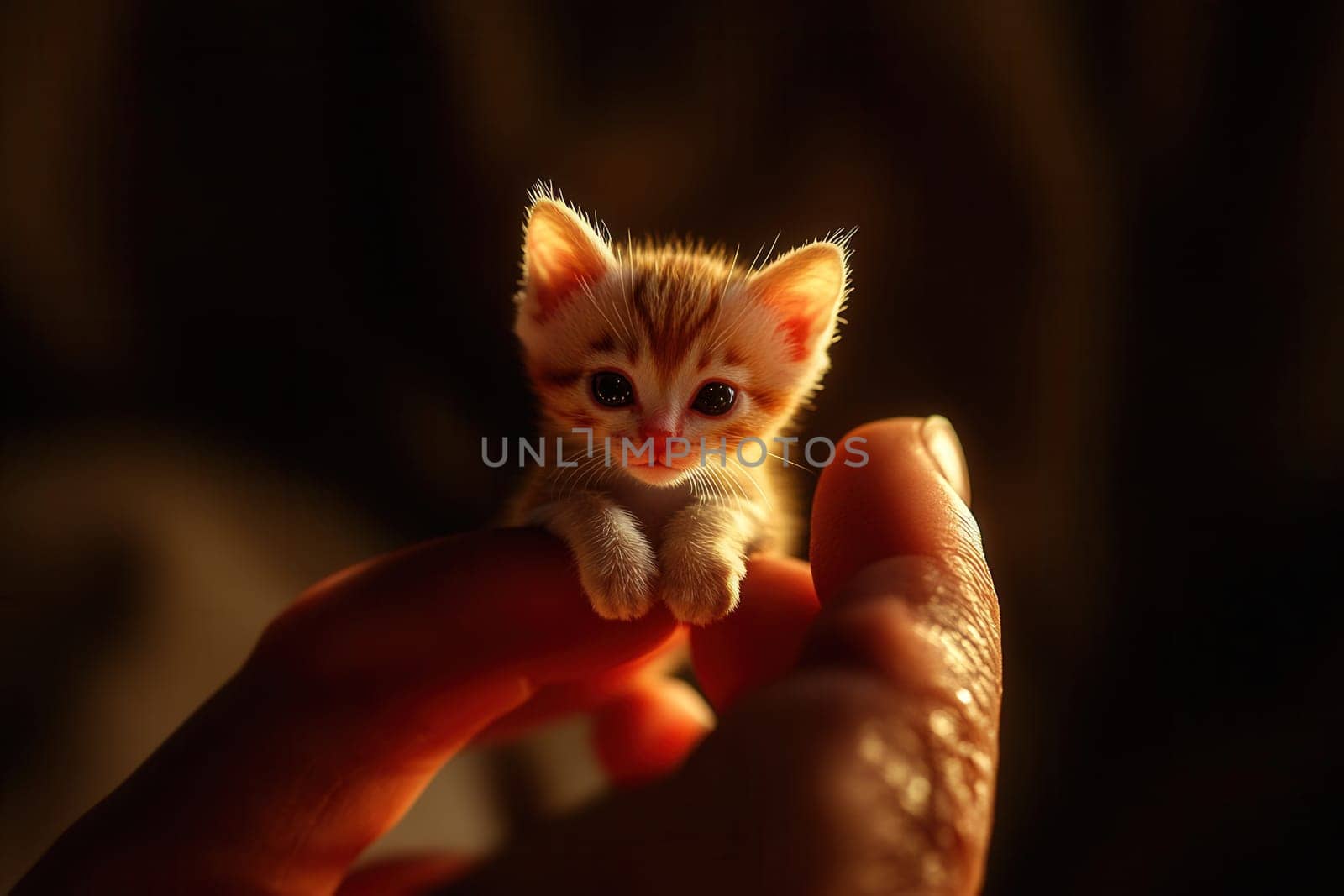 Small ginger kitten held in the palm of a hand, illuminated by warm light