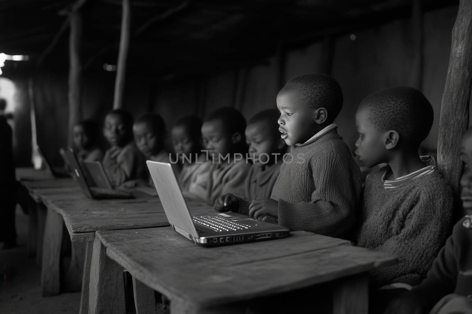 African schoolchildren using laptops in a classroom, embracing technology and education in a rural setting