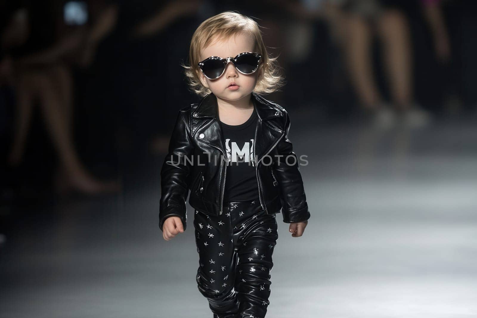 Toddler wearing fashionable black clothes and sunglasses walks the runway at a fashion show