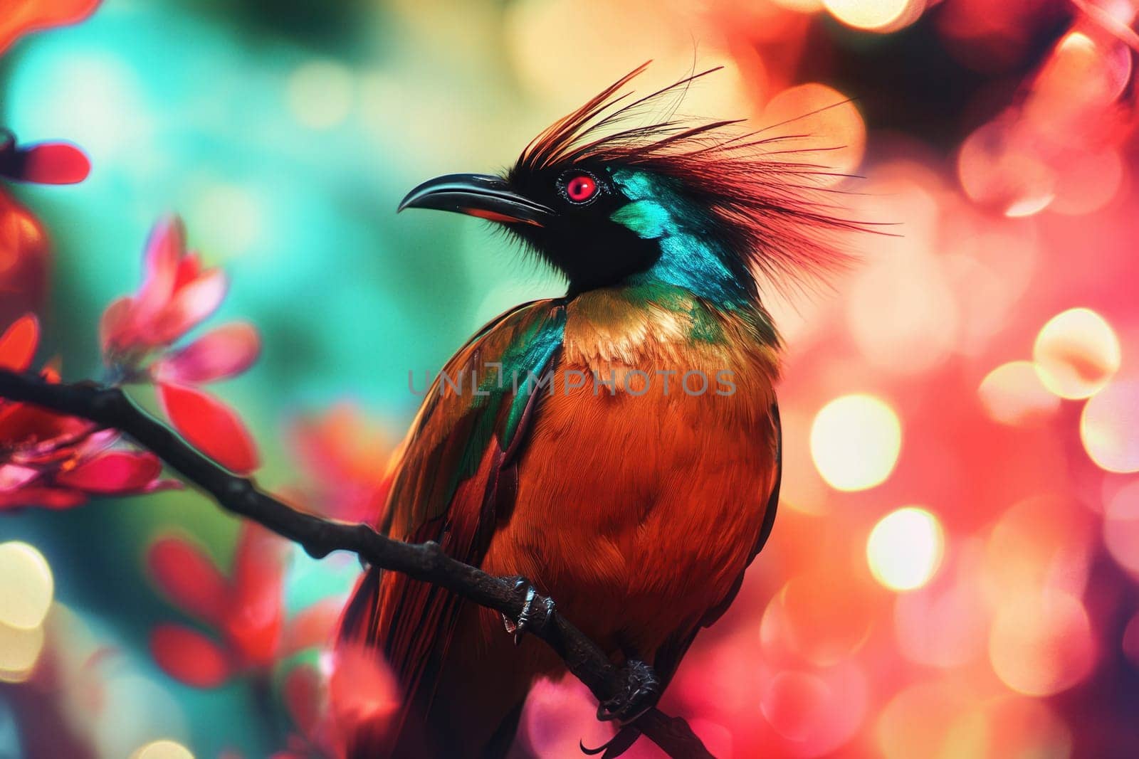 Small exotic bird with colorful plumage, red eyes and crest perching on a branch