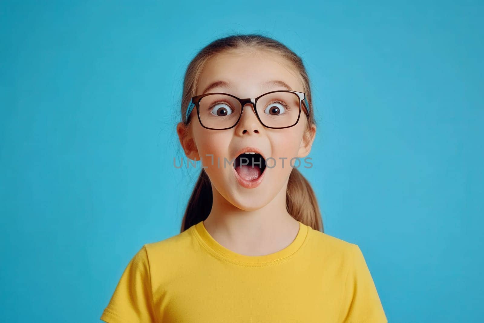 Portrait of a surprised elementary school student wearing eyeglasses with her mouth wide open against a vibrant blue backdrop