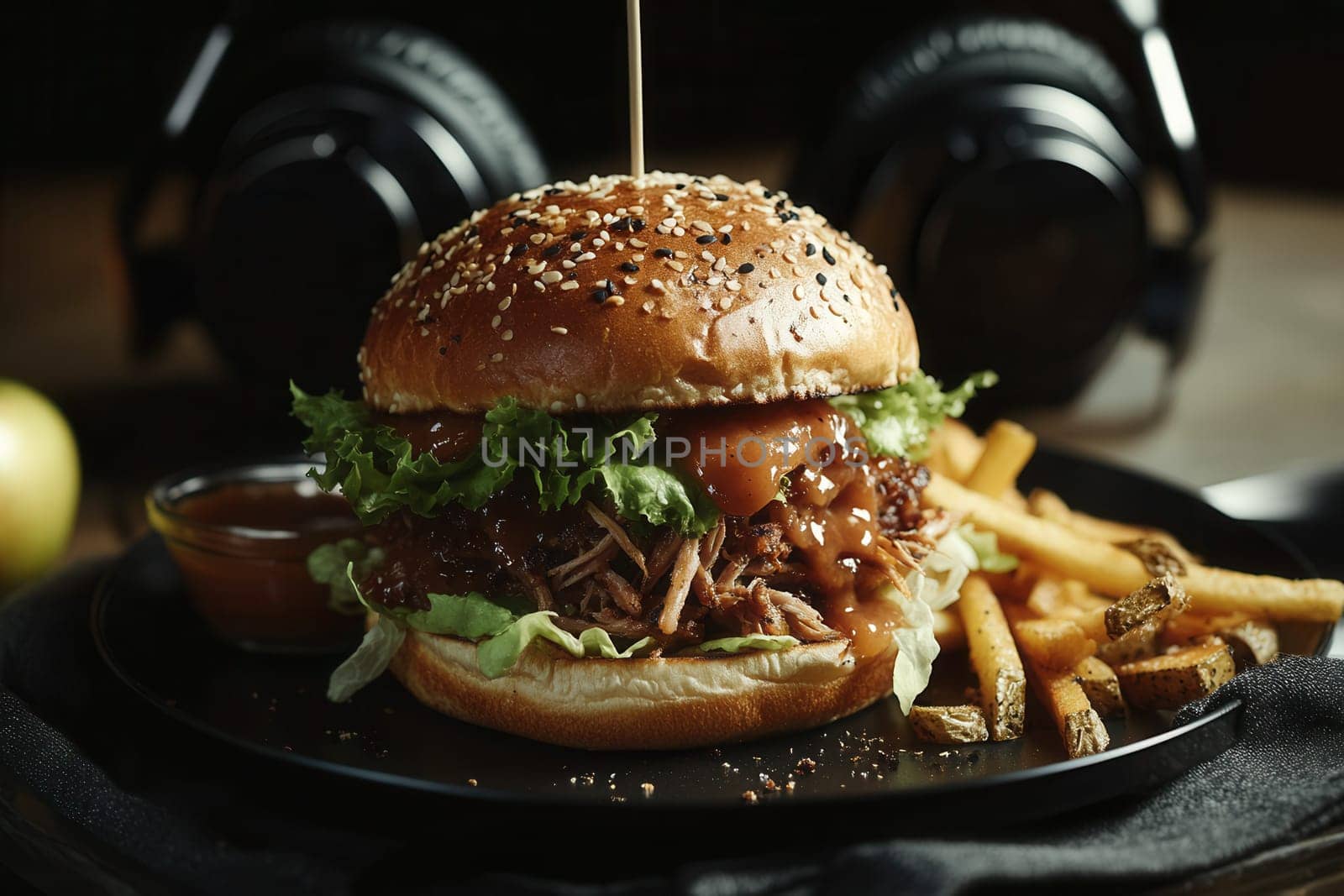 Tasty burger with pulled pork, lettuce, fries and barbecue sauce served on black plate, with headphones on background