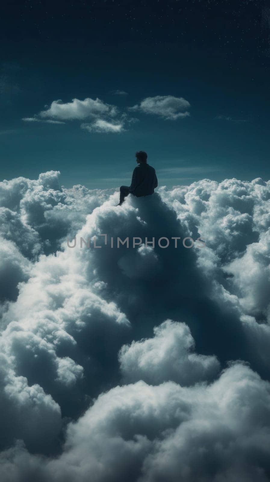 Young man sits on a cloud, contemplating the vastness of the night sky
