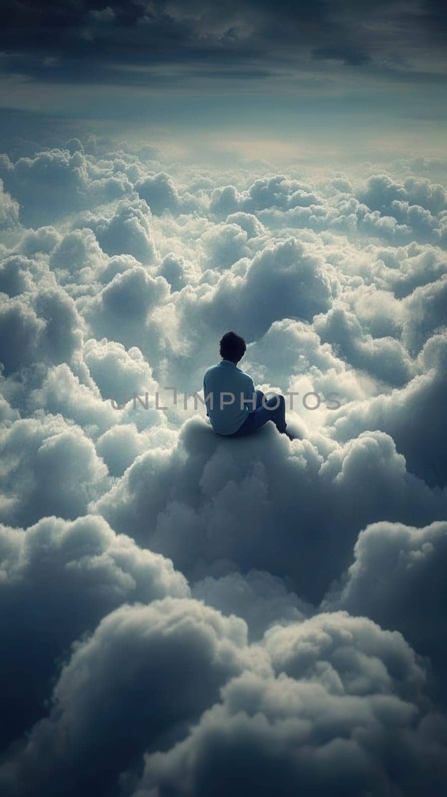 Young man sits contemplatively on a cloud, gazing at the vast expanse of the sky