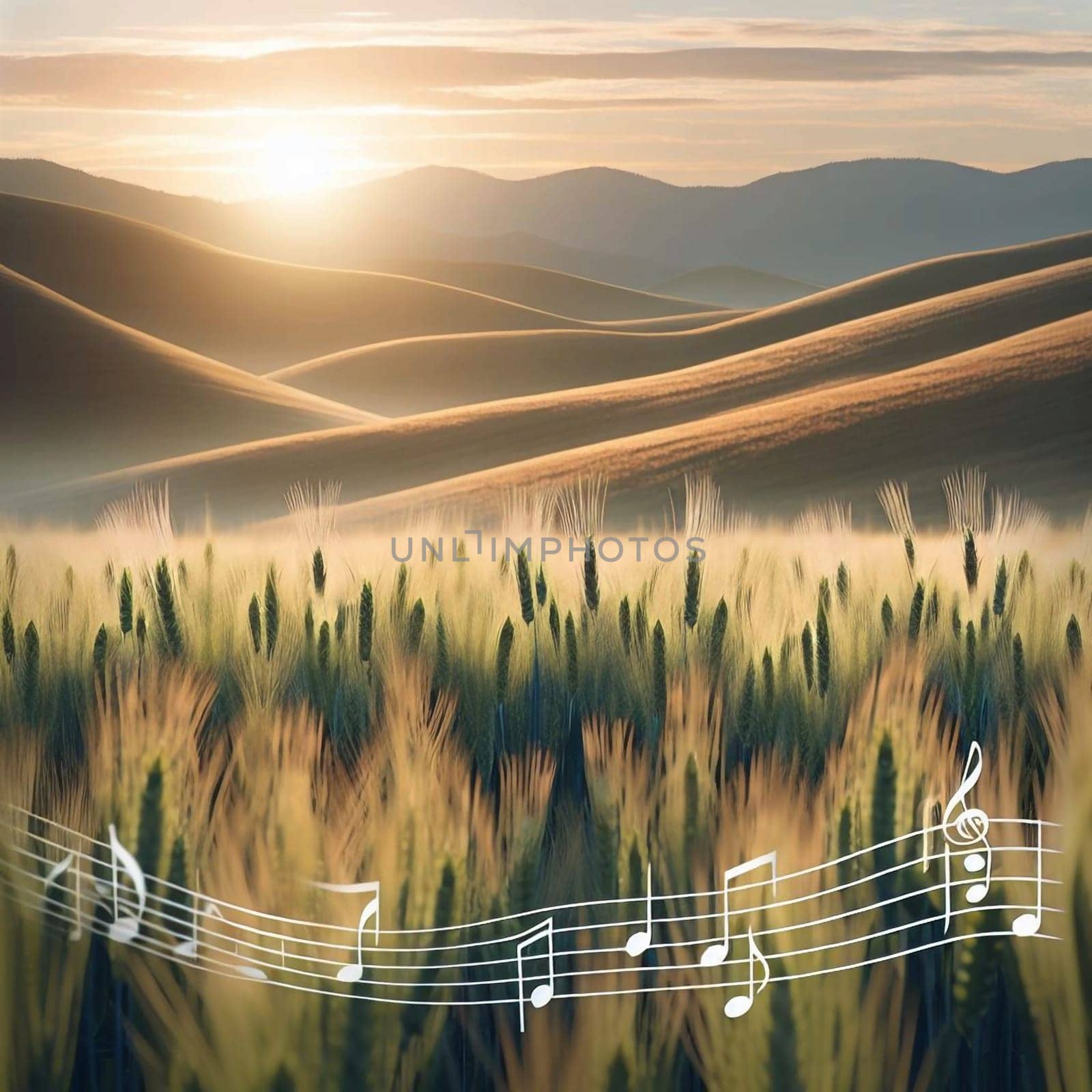 A field of wheat at sunrise, with musical notes superimposed, creating a serene and harmonious scene. High quality AI-generated photo.