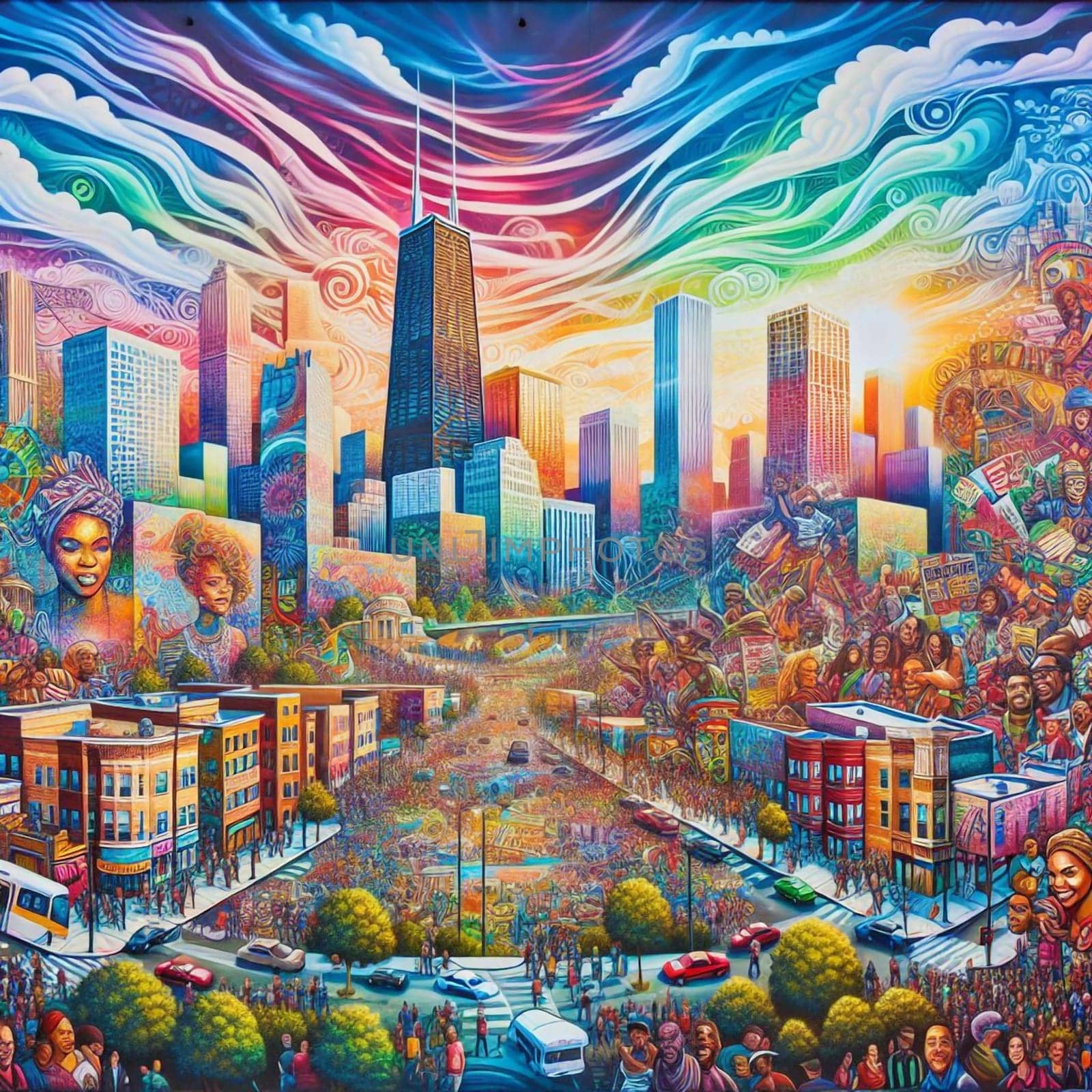 A vibrant mural depicting a diverse crowd of people on a city street, with the Chicago skyline in the background. High quality AI-generated photo.