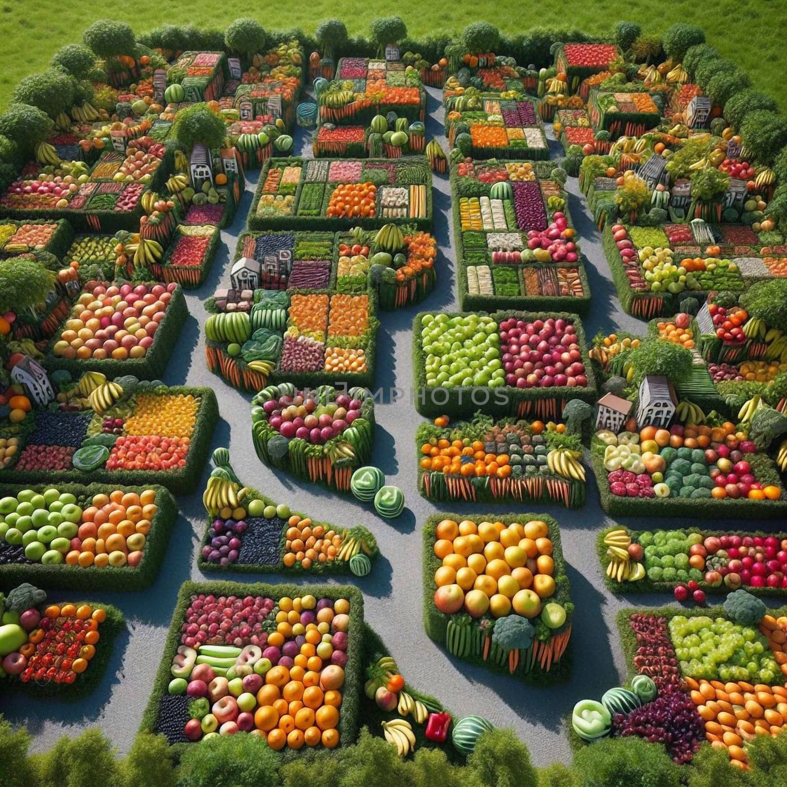An aerial view of a large garden or maze meticulously designed with various fruits and vegetables forming intricate patterns. High quality AI-generated photo.