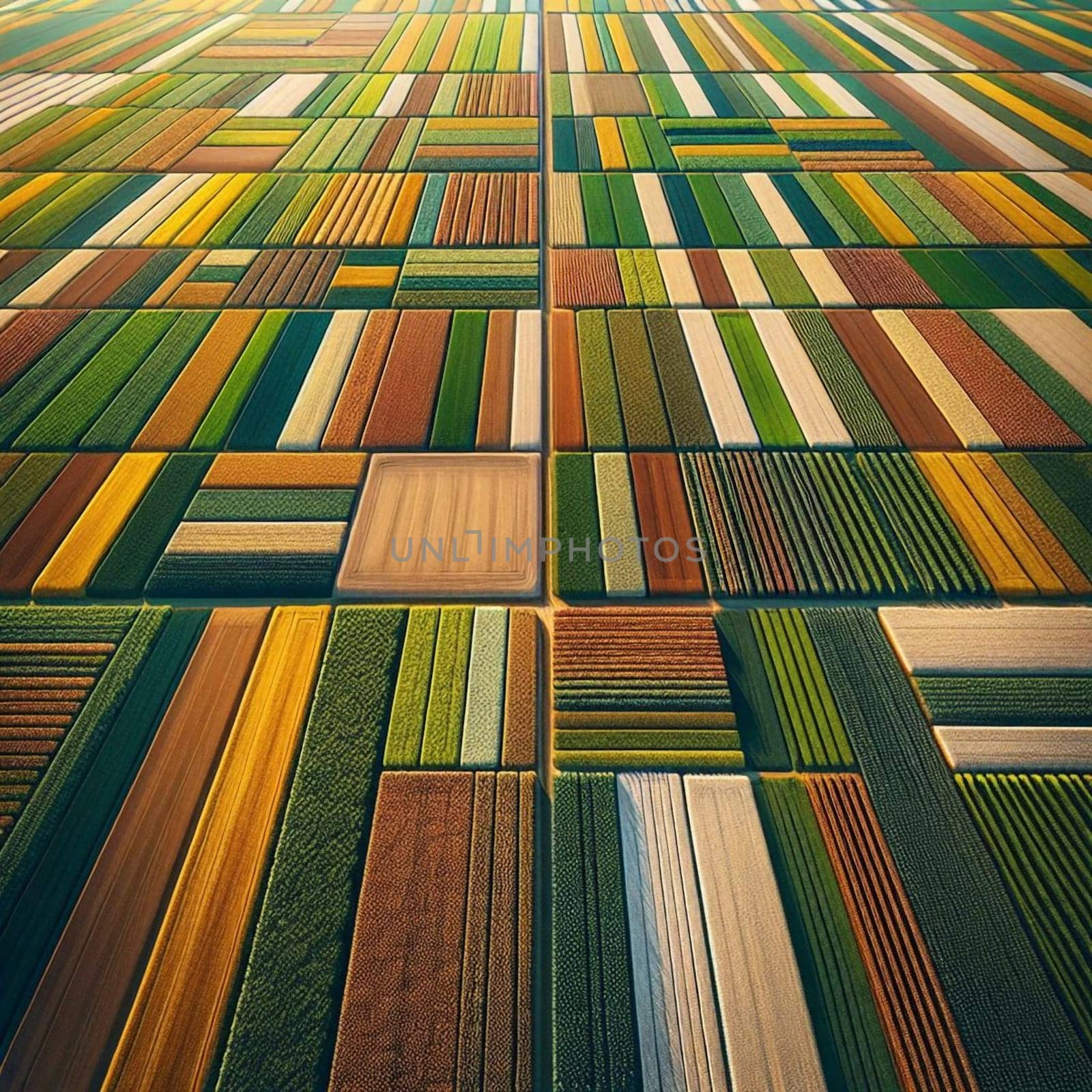 An aerial view of a patchwork of colorful agricultural fields, forming a geometric pattern from above. High quality AI-generated photo.