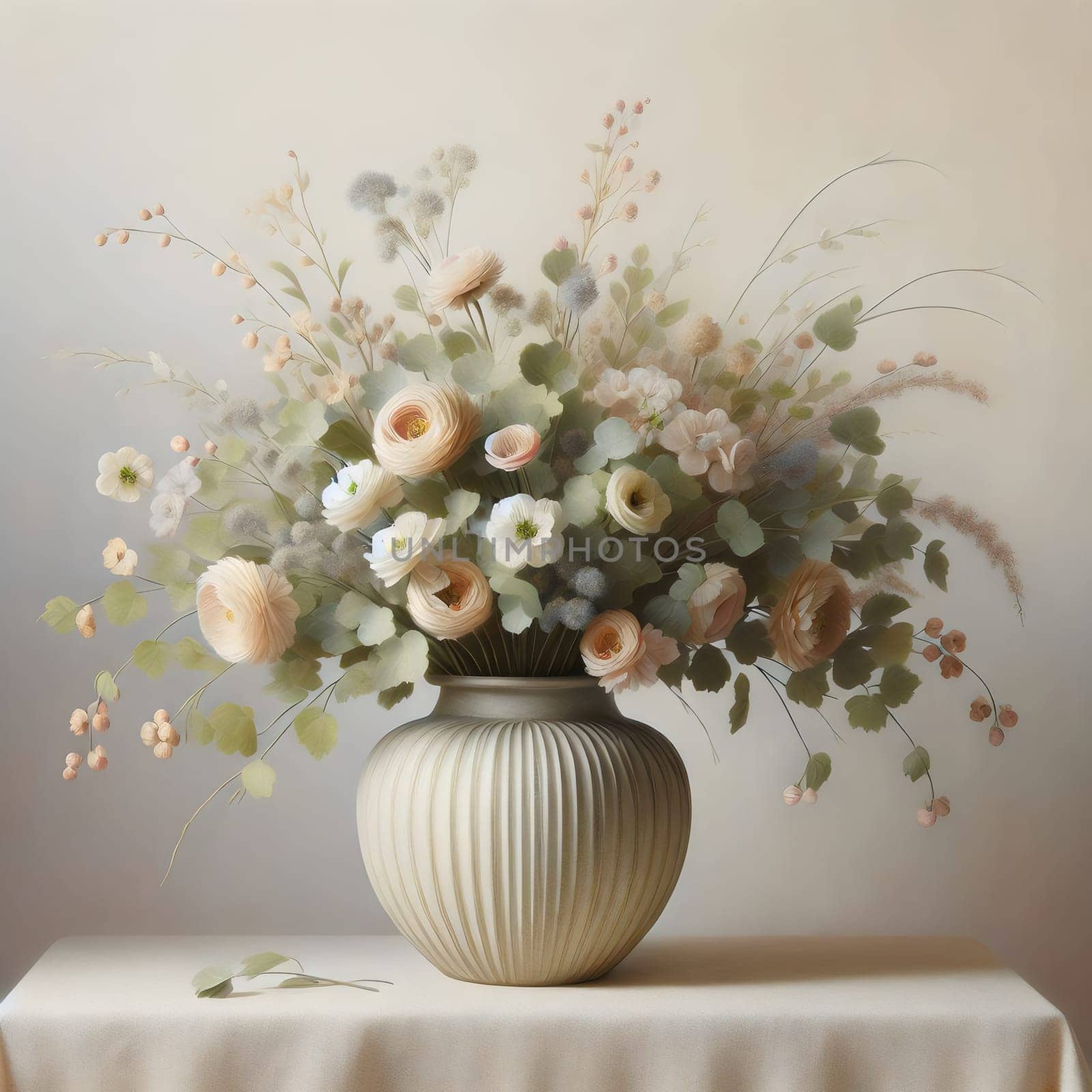 A similar still life image of a bouquet of pale ranunculus flowers in a ribbed, light beige vase, set against a neutral background. High quality AI-generated photo.